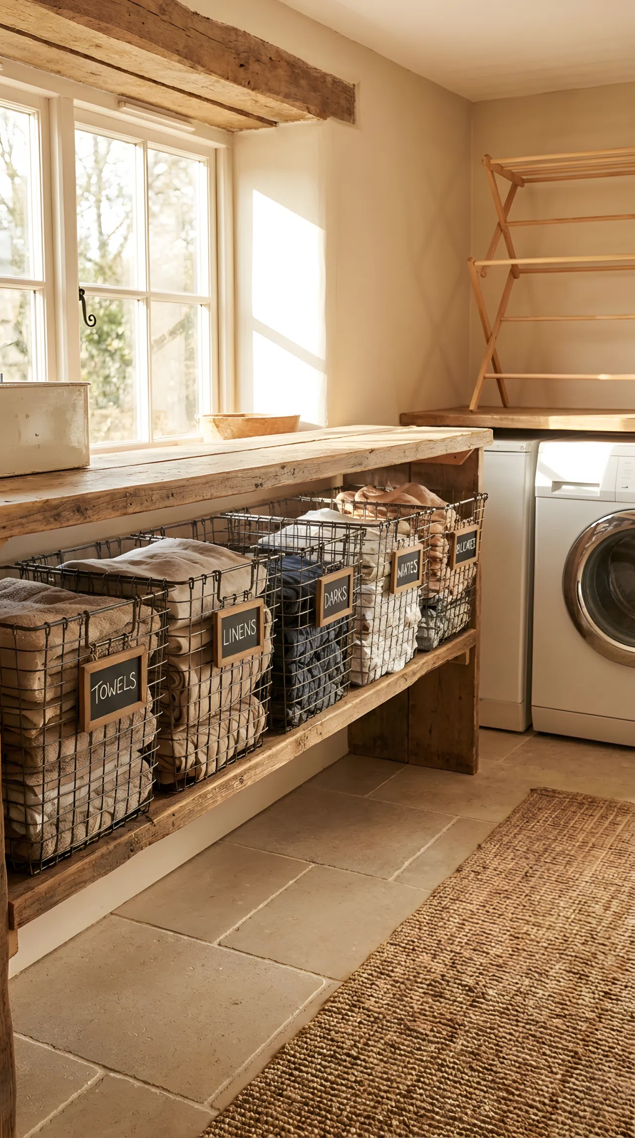 Real-life photograph of a rustic laundry room with a row of vintage wire locker baskets on an open wood shelf, each neatly arranged with folded clothes and a small chalkboard label, bright natural light illuminating the shelf, clean organized floor, vibrant warm color palette, stock photography style, no illustration, no 3D render.