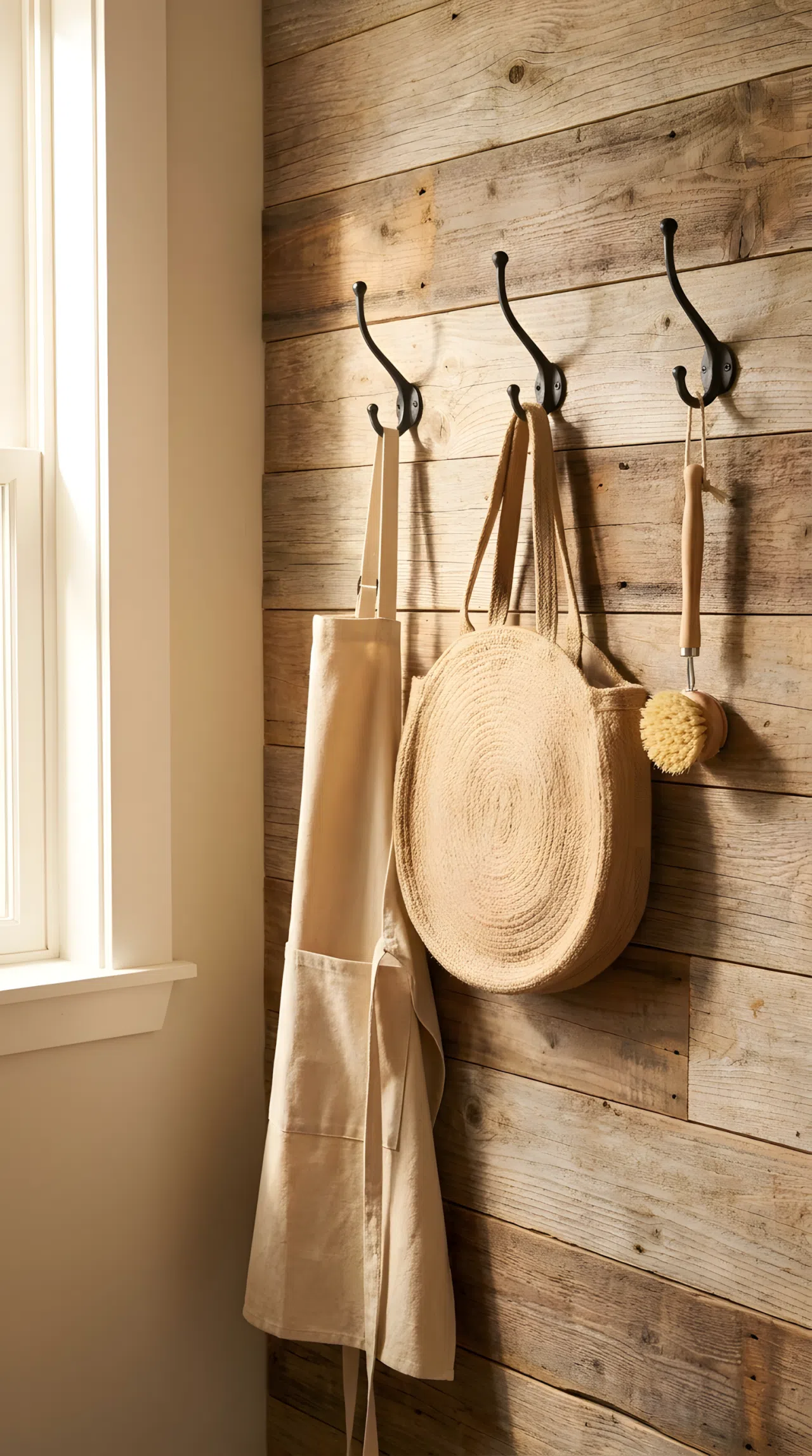 Real-life photograph of a rustic laundry room wall with black wrought iron hooks holding a neatly folded canvas apron, a woven tote bag, and a small cleaning brush, beautifully arranged and organized, bright natural light from a nearby window, clean wood-paneled wall, vibrant warm tones, stock photography style, no illustration, no 3D render.