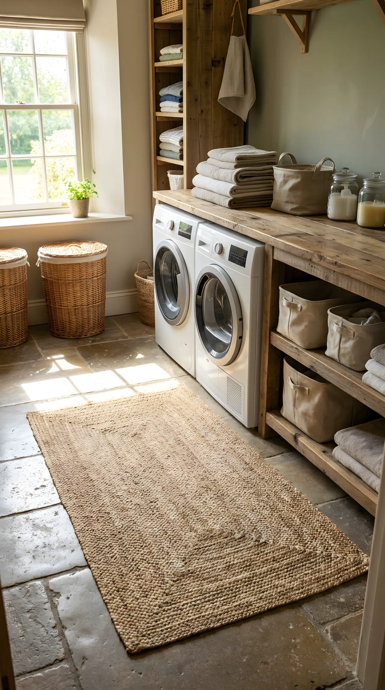 Real-life photograph of a rustic laundry room with a woven jute rug centered in front of a washer and dryer, neatly folded laundry beautifully arranged on a nearby wood counter, bright natural light across the floor, clean organized composition, vibrant natural tones, stock photography style, no illustration, no 3D render.
