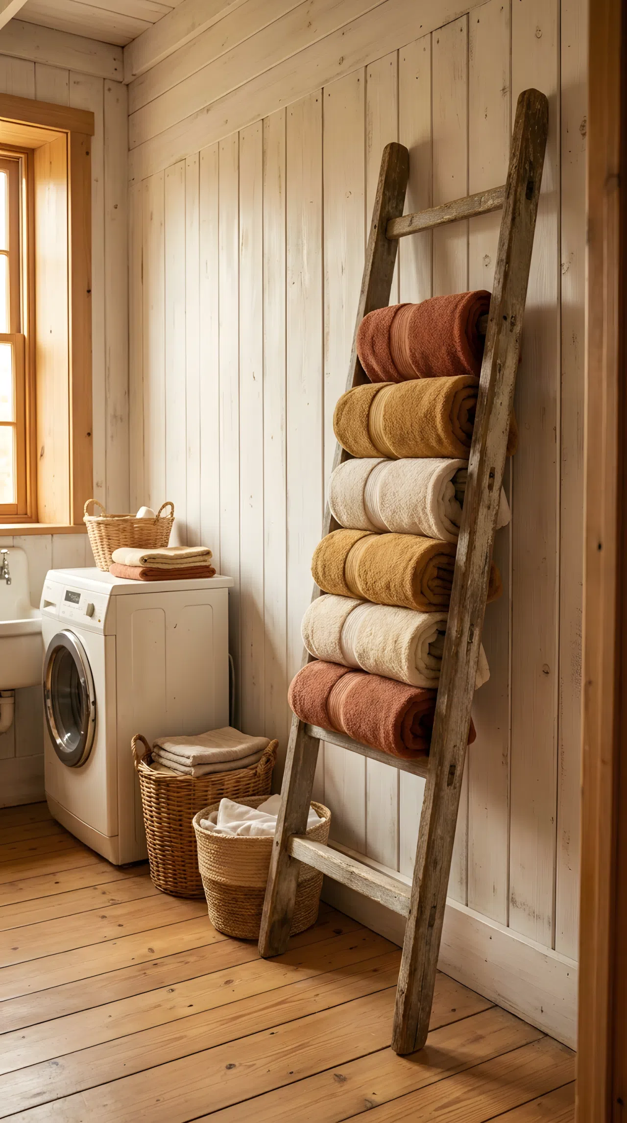 Real-life photograph of a rustic laundry room with a weathered wooden ladder leaned against the wall, rolled towels neatly arranged and beautifully draped across each rung, bright natural light from a window, clean wood-paneled wall behind, organized floor space, vibrant warm color tones, stock photography style, no illustration, no 3D render.