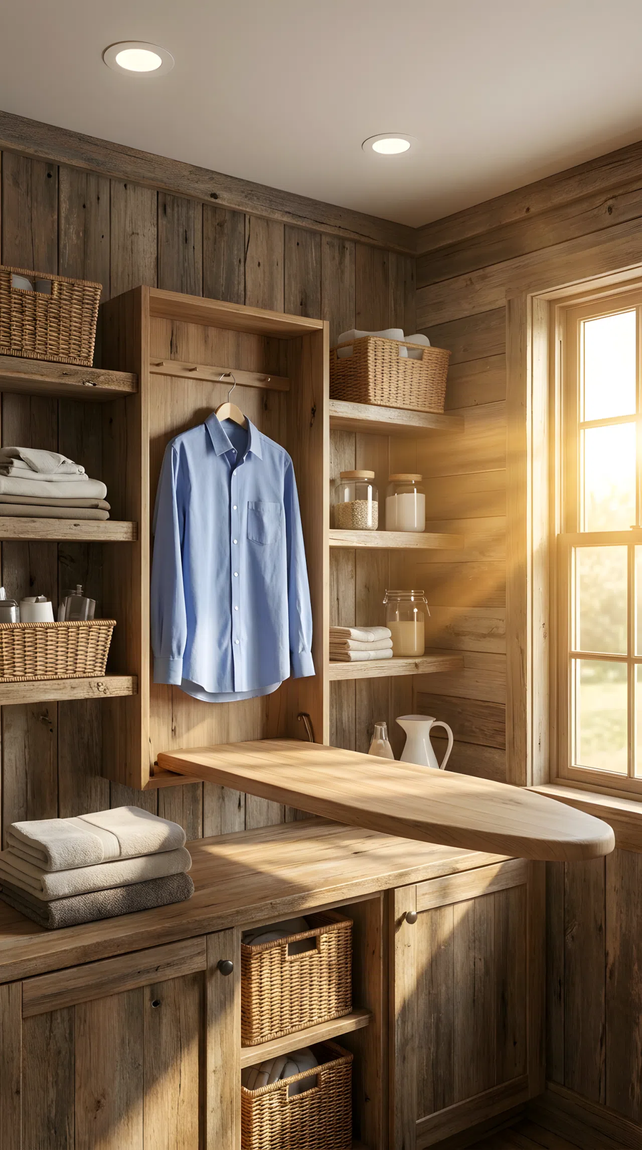 Real-life photograph of a rustic laundry room with a fold-down ironing board mounted on a wood-paneled wall, recessed ceiling lights positioned directly above casting bright, even, shadow-free light onto a neatly pressed shirt, clean organized surrounding shelves, bright natural light from a side window, vibrant warm tones, stock photography style, no illustration, no 3D render.
