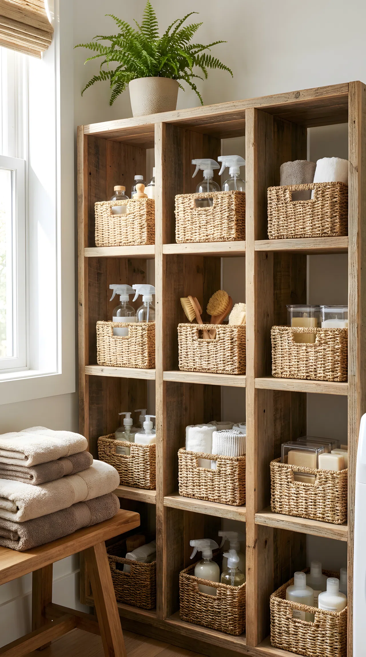 Real-life photograph of rustic wood cubby shelving in a laundry room, each cubby holding a small neatly arranged woven basket filled with organized cleaning supplies, bright natural light illuminating the shelf, clean composition, folded towels beautifully stacked nearby, vibrant fresh tones, stock photography style, no illustration, no 3D render.