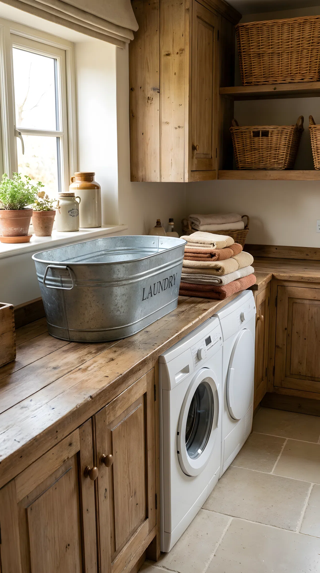 Real-life photograph of a rustic laundry room with a galvanized metal trough used as a laundry hamper, neatly arranged folded clothes beside it on a wood counter, positioned next to a white washing machine, bright natural light from a window, clean organized floor, vibrant warm tones, stock photography style, no illustration, no 3D render.