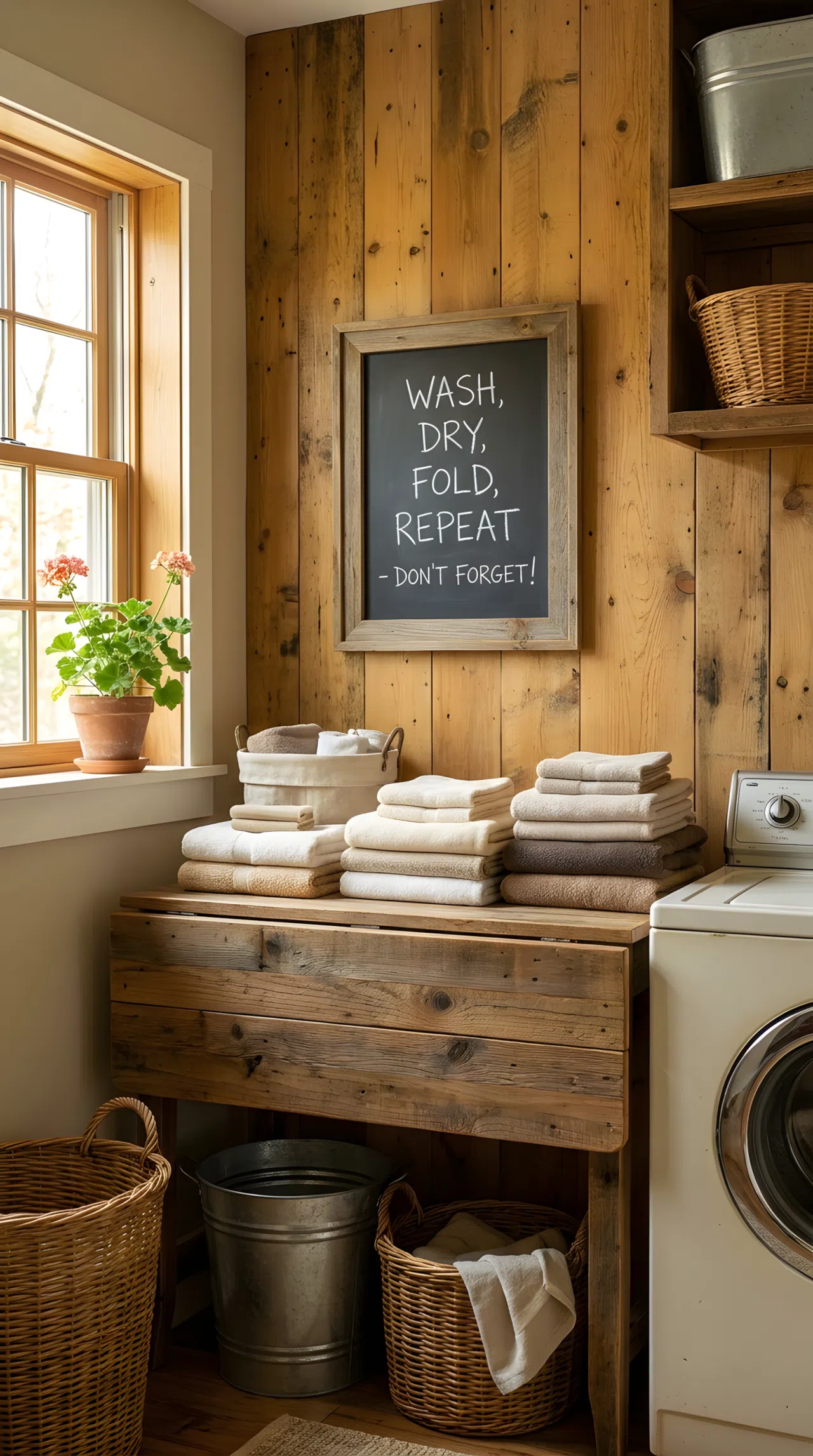 Real-life photograph of a rustic laundry room with a small chalkboard panel mounted on a wood-paneled wall near a folding counter, neatly written reminders in white chalk, folded towels beautifully arranged on the counter below, bright natural light from a nearby window, clean organized composition, vibrant warm tones, stock photography style, no illustration, no 3D render.
