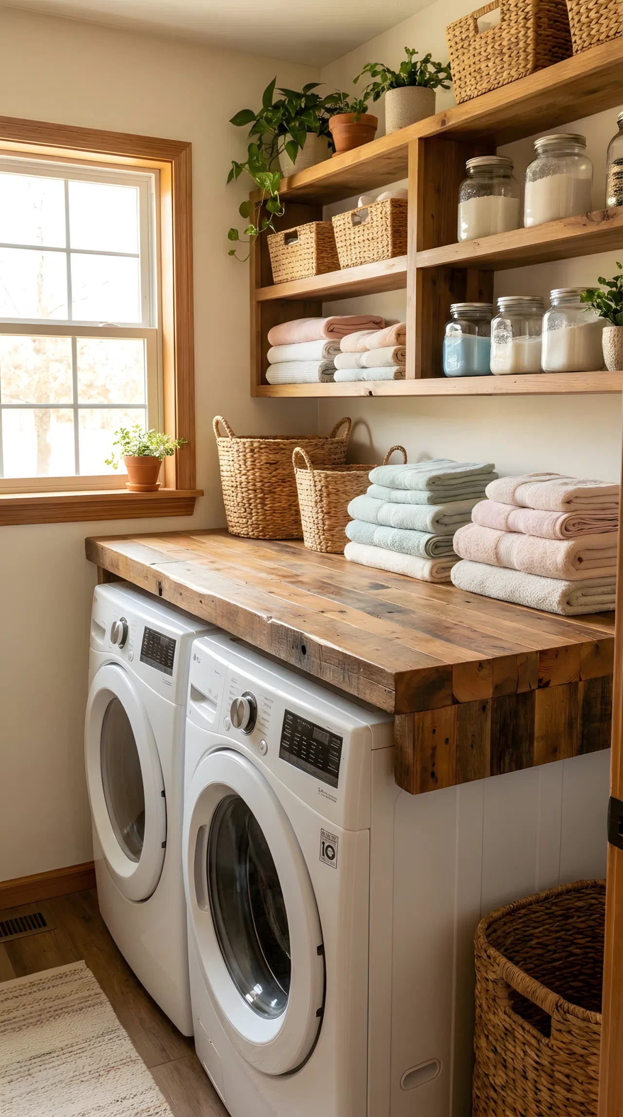 Real-life photograph of a rustic laundry room with a thick wood butcher block countertop installed above a white stacked washer and dryer, folded clothes neatly arranged and beautifully stacked on top, bright natural light from a window, clean organized surrounding shelves, vibrant warm tones, stock photography style, no illustration, no 3D render.