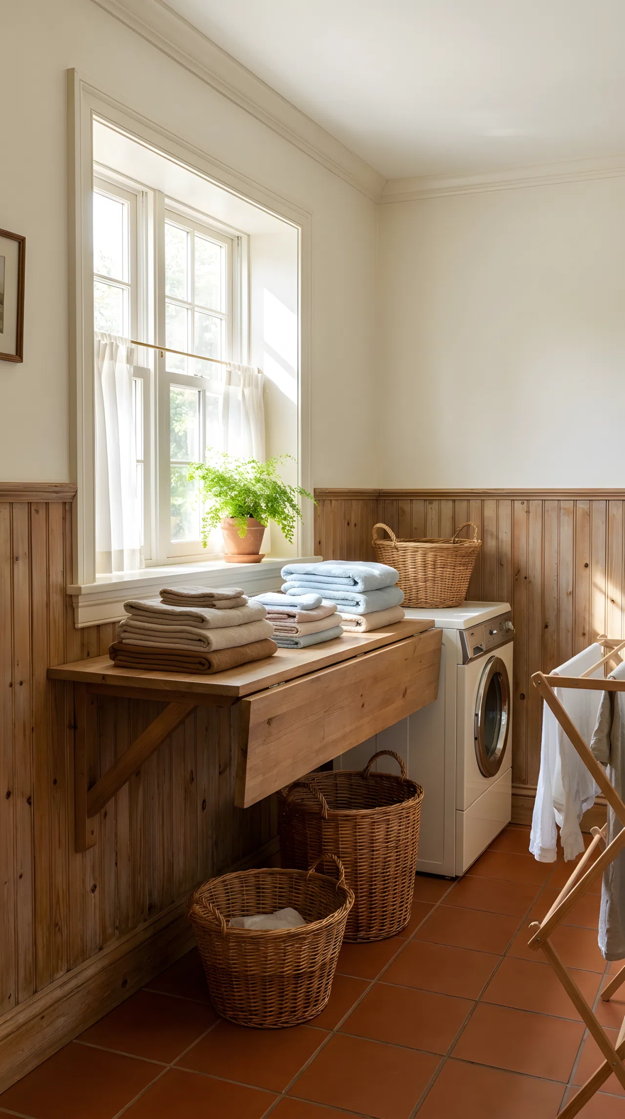 Real-life photograph of a rustic laundry room with wood beadboard wainscoting on the lower wall and soft white paint above, a wood folding counter with neatly folded towels beautifully arranged on top, bright natural light streaming through a window, clean organized floor, vibrant fresh tones, stock photography style, no illustration, no 3D render.