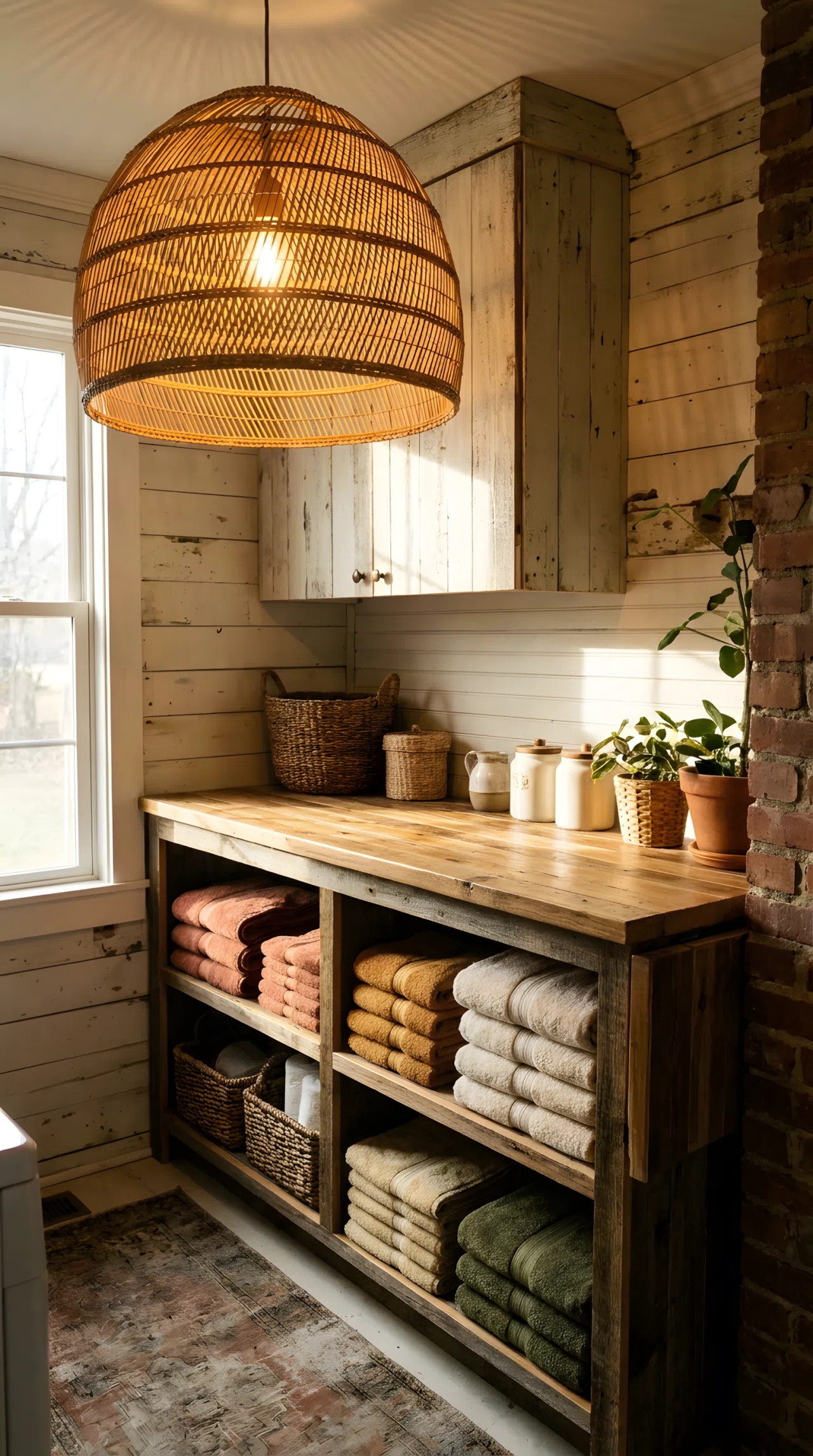 Real-life photograph of a rustic laundry room with a woven rattan pendant light shade hanging above a wood folding counter, diffused bright natural light combined with warm pendant glow illuminating neatly folded towels beautifully arranged below, clean organized countertop, vibrant warm tones, stock photography style, no illustration, no 3D render.