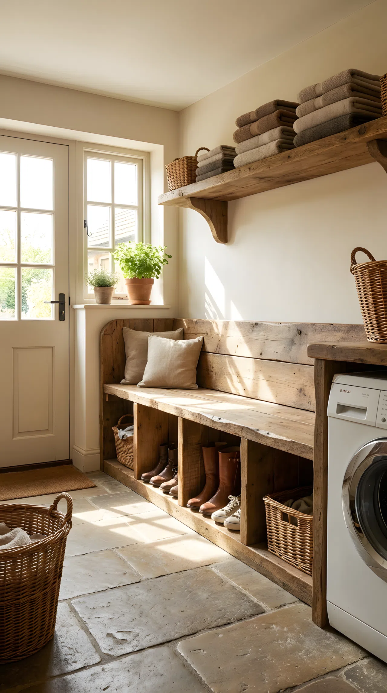 Real-life photograph of a rustic laundry room with a built-in wood bench along the wall, storage cubbies underneath neatly holding organized pairs of shoes and boots, bright natural light from a nearby door window, clean floor, folded towels beautifully arranged on a shelf above, vibrant warm tones, stock photography style, no illustration, no 3D render.