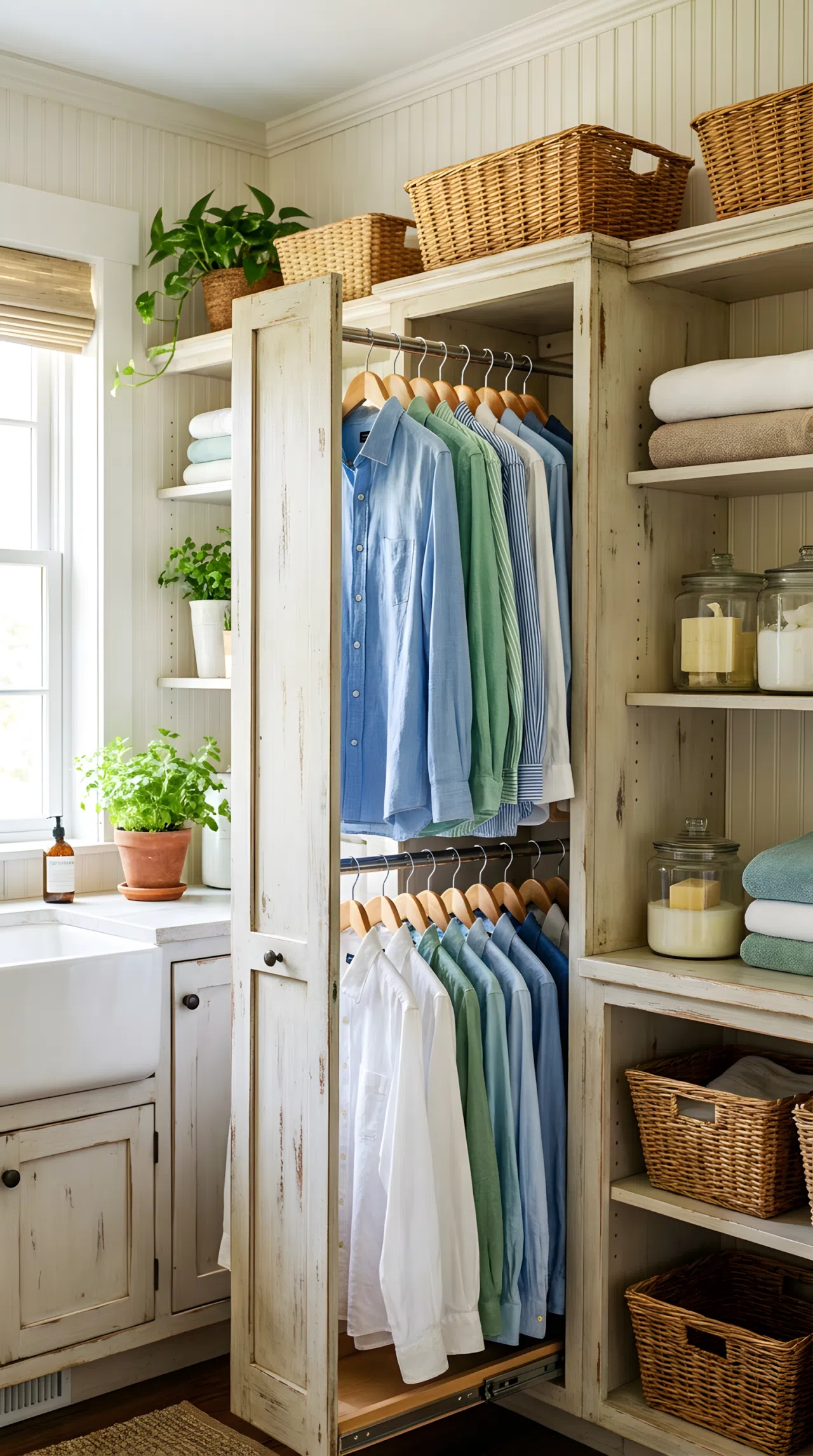 Real-life photograph of a rustic laundry room with a narrow wood cabinet featuring a pulled-out vertical hanging rack, neatly pressed shirts beautifully arranged on hangers, bright natural light from a window, clean organized surrounding shelves, vibrant fresh tones, stock photography style, no illustration, no 3D render.