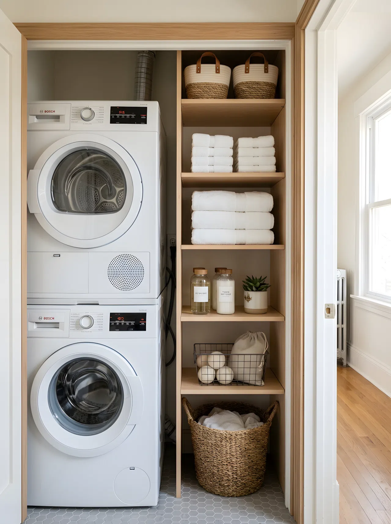 A small stacked washer and dryer unit in a narrow laundry closet, neatly organized shelf beside it with folded towels, real-life home setting, bright natural light, clean and beautifully arranged
