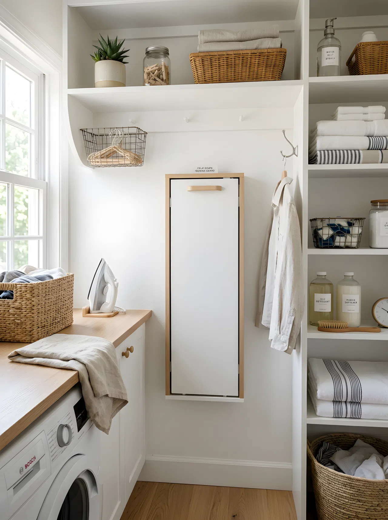 A compact wall-mounted fold-down ironing board in a small laundry nook, folded flat against a white wall, neatly organized surrounding shelves, bright natural light, clean and beautifully arranged