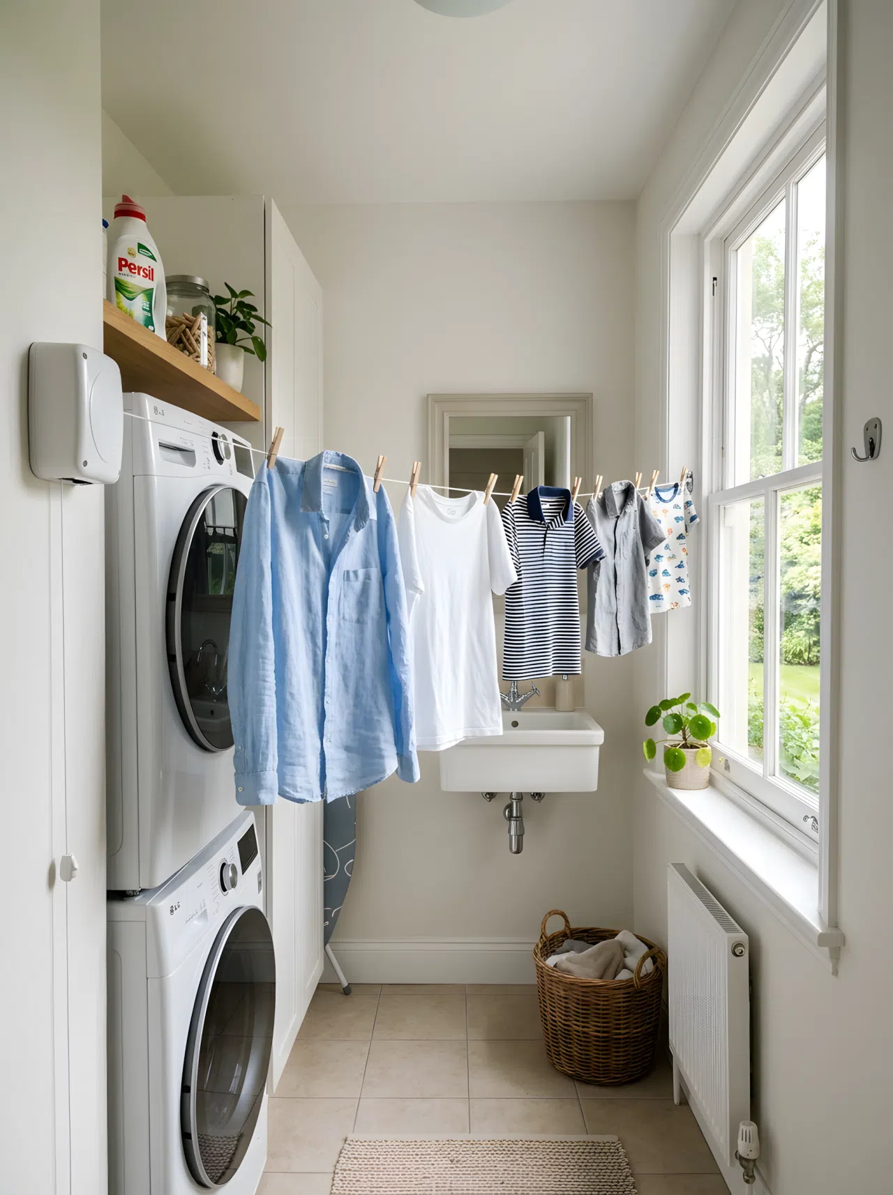 A retractable clothesline pulled out across a small laundry room with a few neatly hung shirts, bright natural light, organized and clean space, realistic photography, real-life home setting