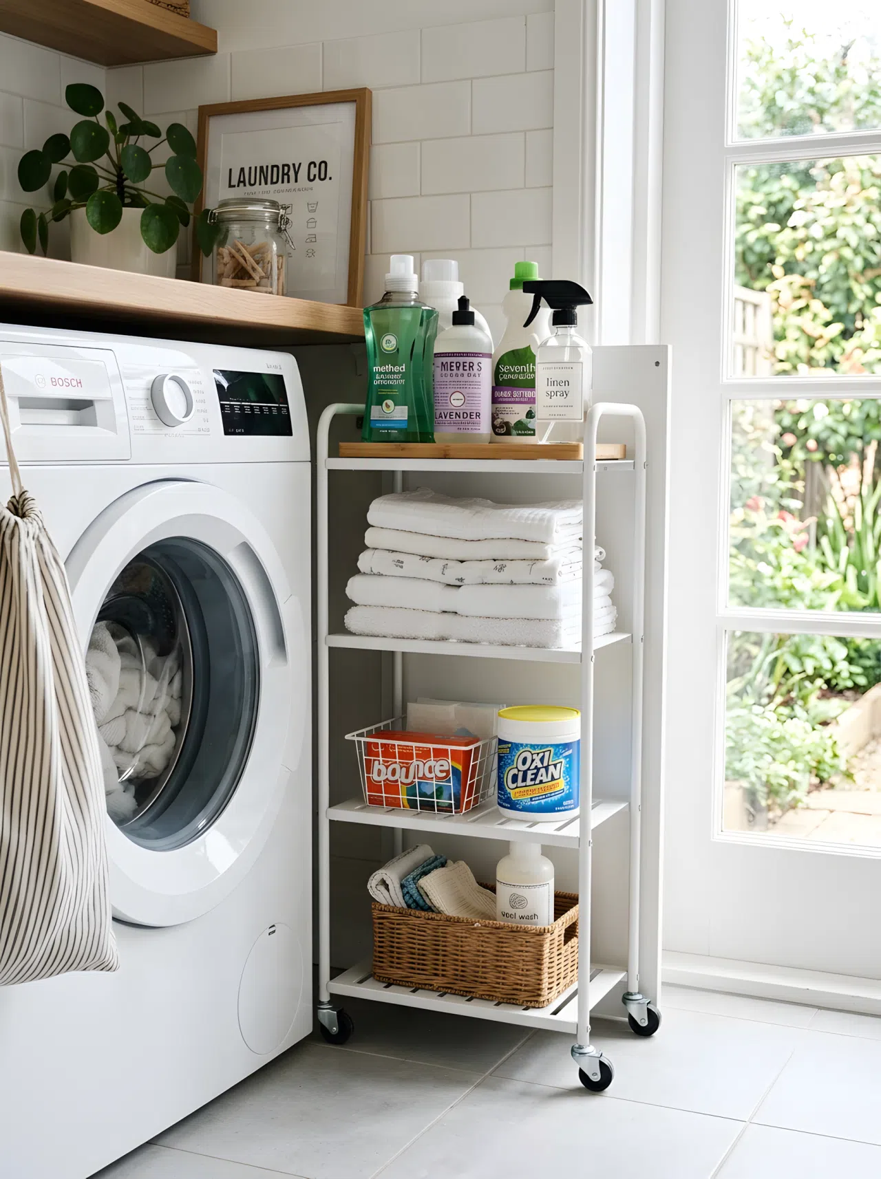 A slim rolling cart tucked beside a washing machine holding neatly organized detergent bottles and folded cloths, bright natural light