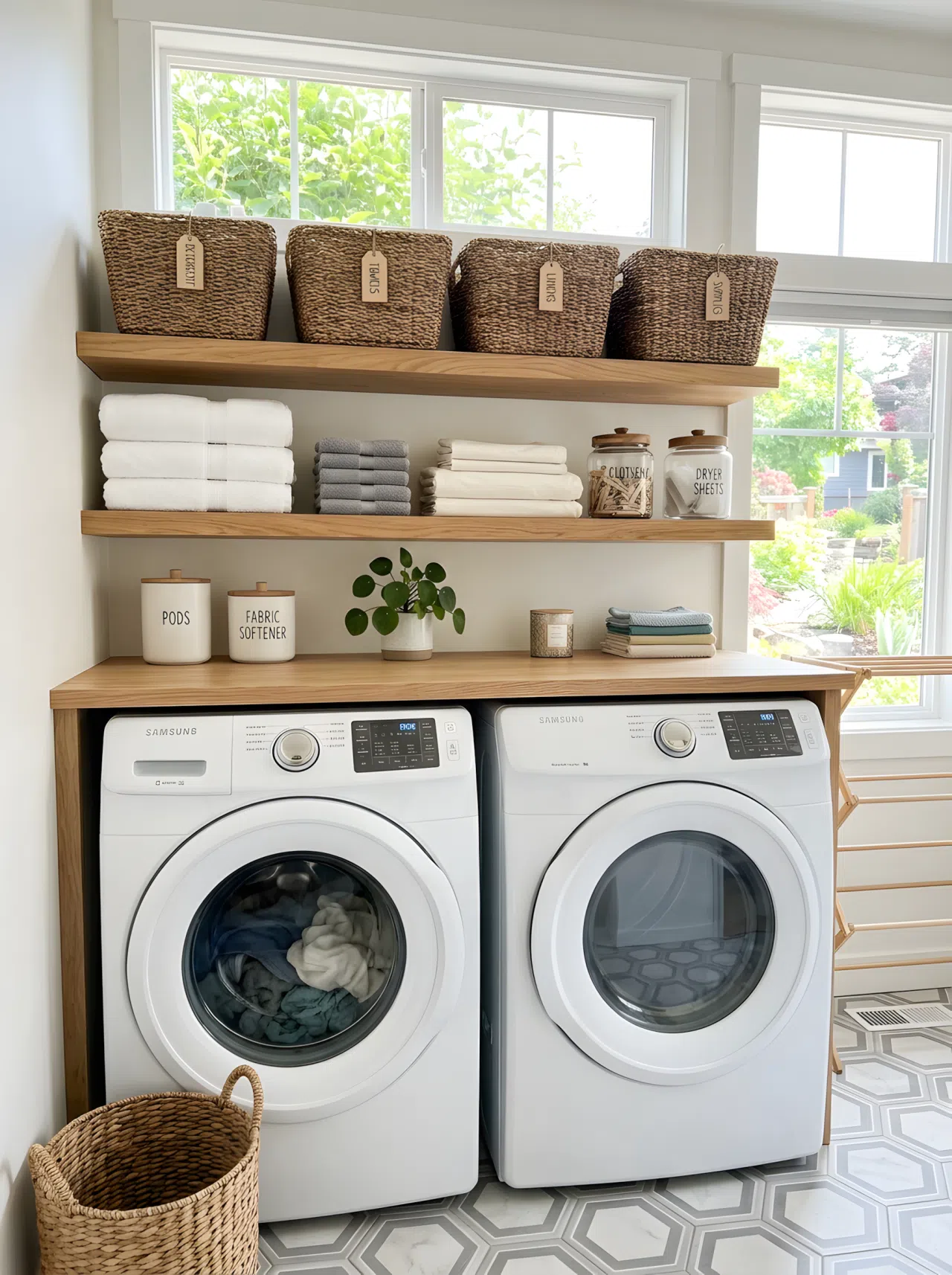 Floating wooden shelves mounted above a washer and dryer, holding neatly organized labeled baskets and folded linens, bright natural light