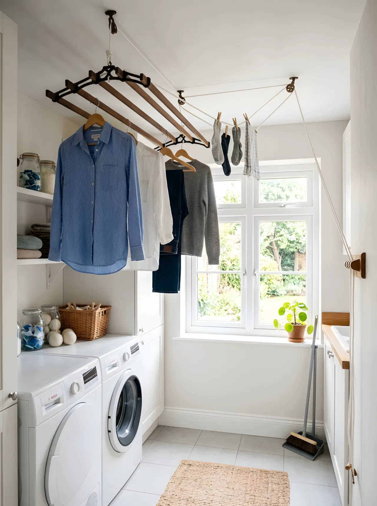 A ceiling-mounted pulley drying rack in a small laundry room with a few neatly hung garments, bright natural light, organized and clean, realistic photography