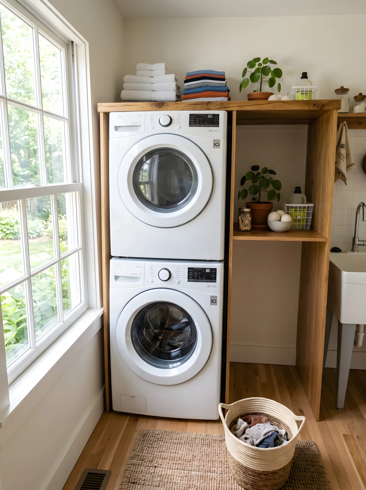 A wooden countertop installed over a stacked washer and dryer, neatly folded laundry stacked on top, bright natural light, clean and beautifully arranged, realistic photography