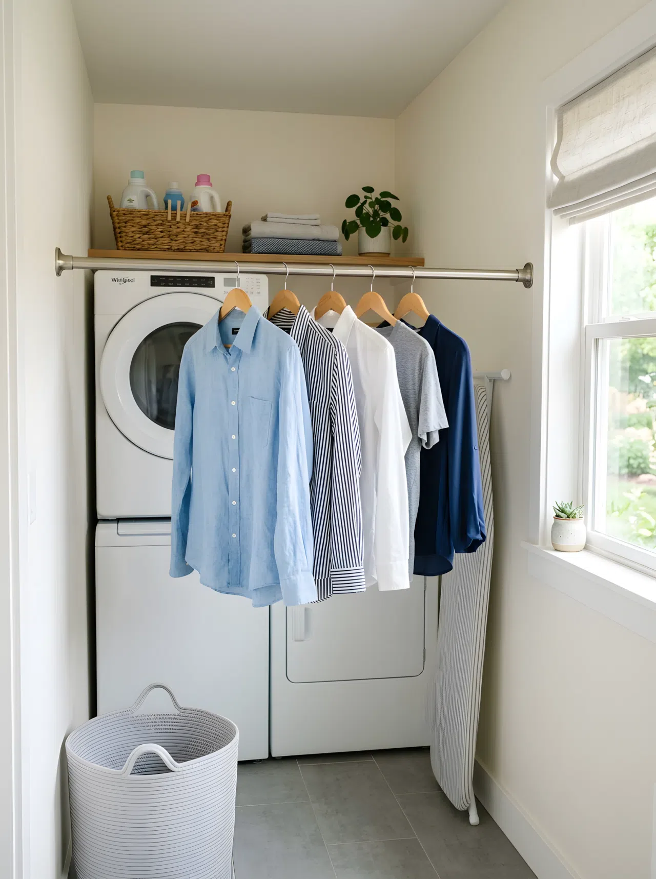 A tension rod installed between two walls in a small laundry room with a few neatly hung shirts, bright natural light, clean and organized space