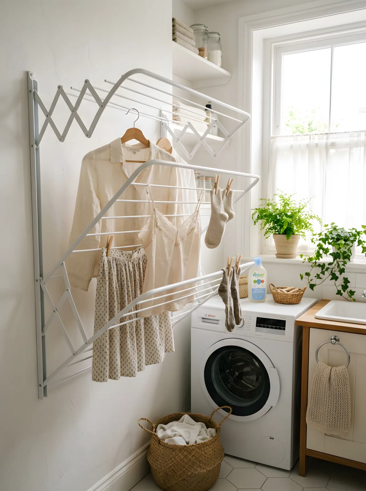 A foldable wall-mounted drying rack expanded in a small laundry room with a few delicate garments neatly hung, bright natural light