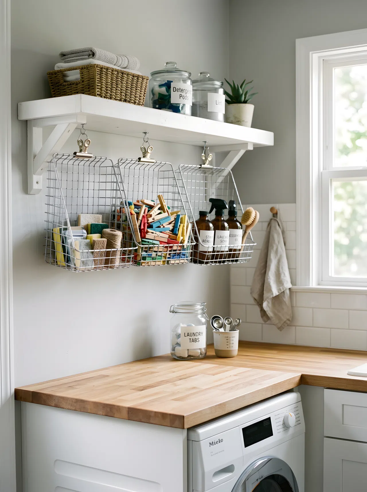 Wire baskets clipped beneath a shelf in a small laundry room, neatly holding clothespins and small bottles, bright natural light