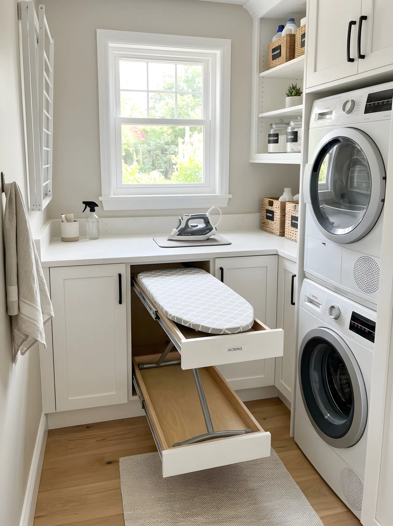 A pull-out drawer with a slim ironing board partially extended in a small laundry room, neatly organized surroundings, bright natural light