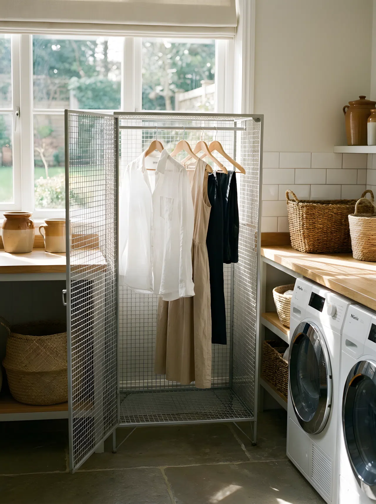 A small freestanding mesh drying cabinet in a laundry room with a few garments neatly hung inside, bright natural light, organized and clean
