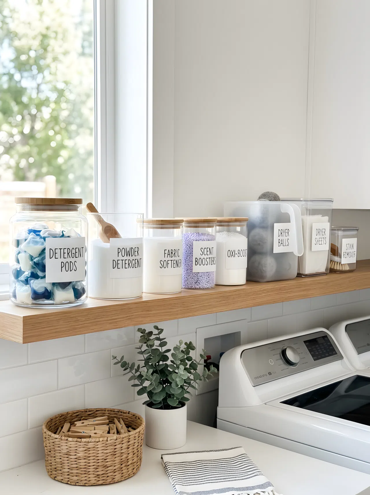 Clear labeled storage containers on a laundry room shelf, neatly organized and beautifully arranged, bright natural light