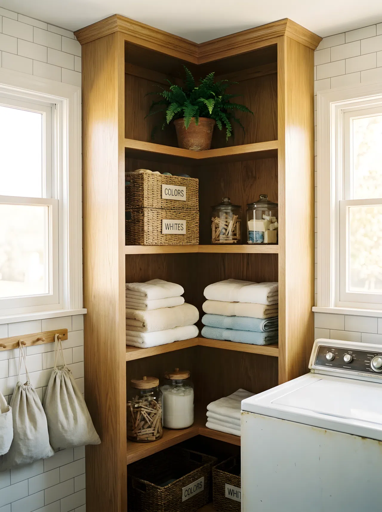 A corner shelf in a small laundry room holding neatly stacked baskets and folded towels, bright natural light, beautifully arranged