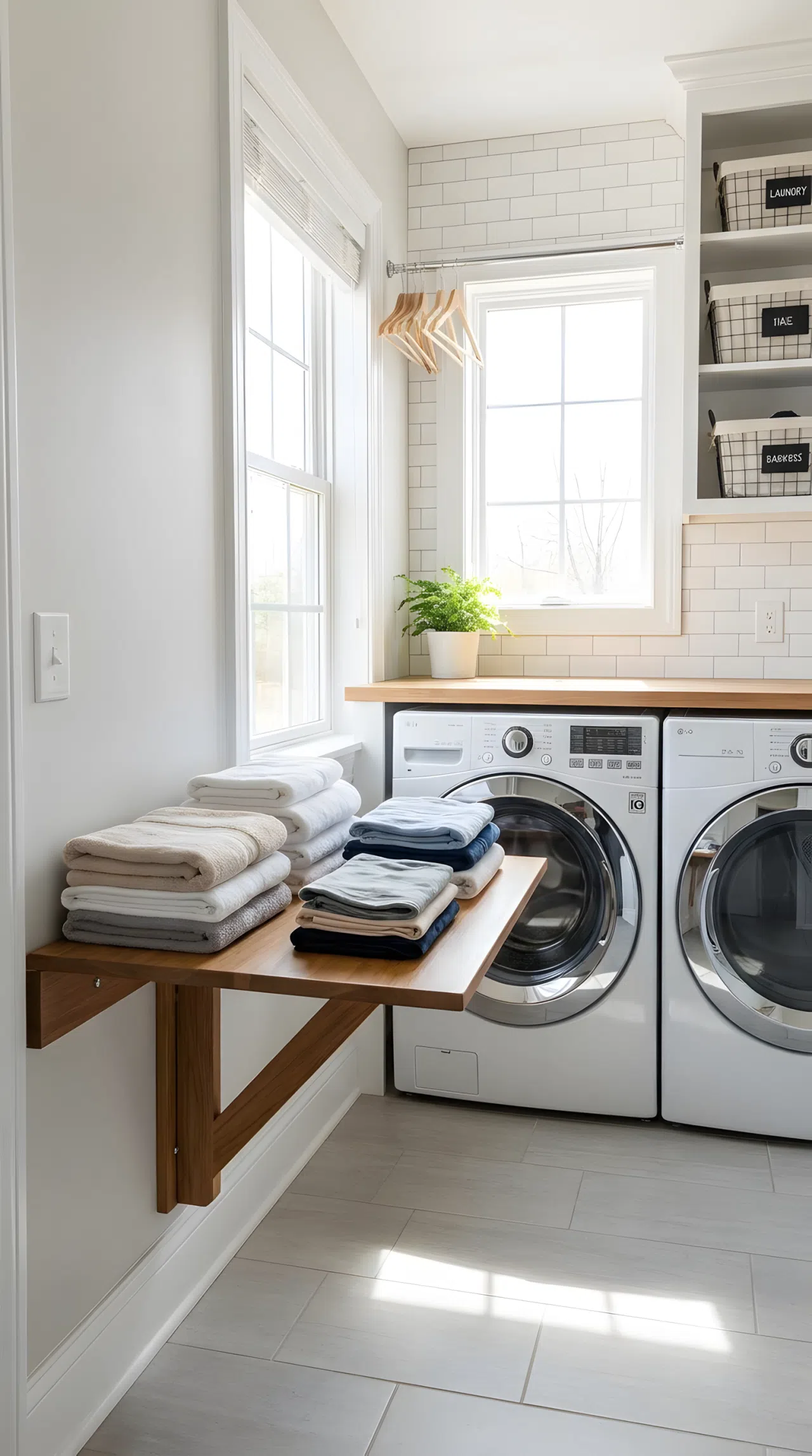 A hinged fold-out table mounted to a laundry room wall, extended and holding neatly folded laundry, bright natural light, clean and organized