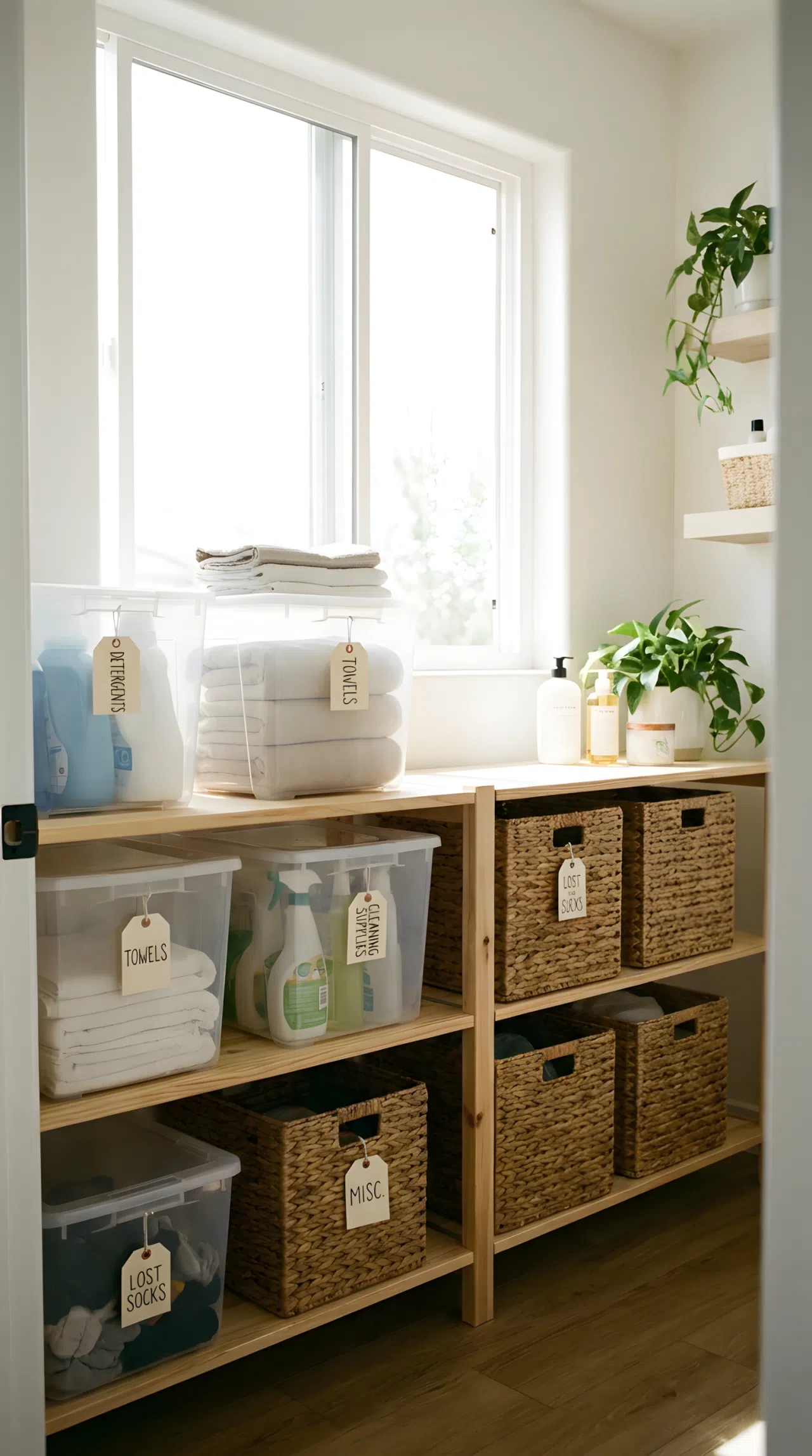 Stackable storage bins organized by category on a laundry room shelf, neatly labeled, bright natural light