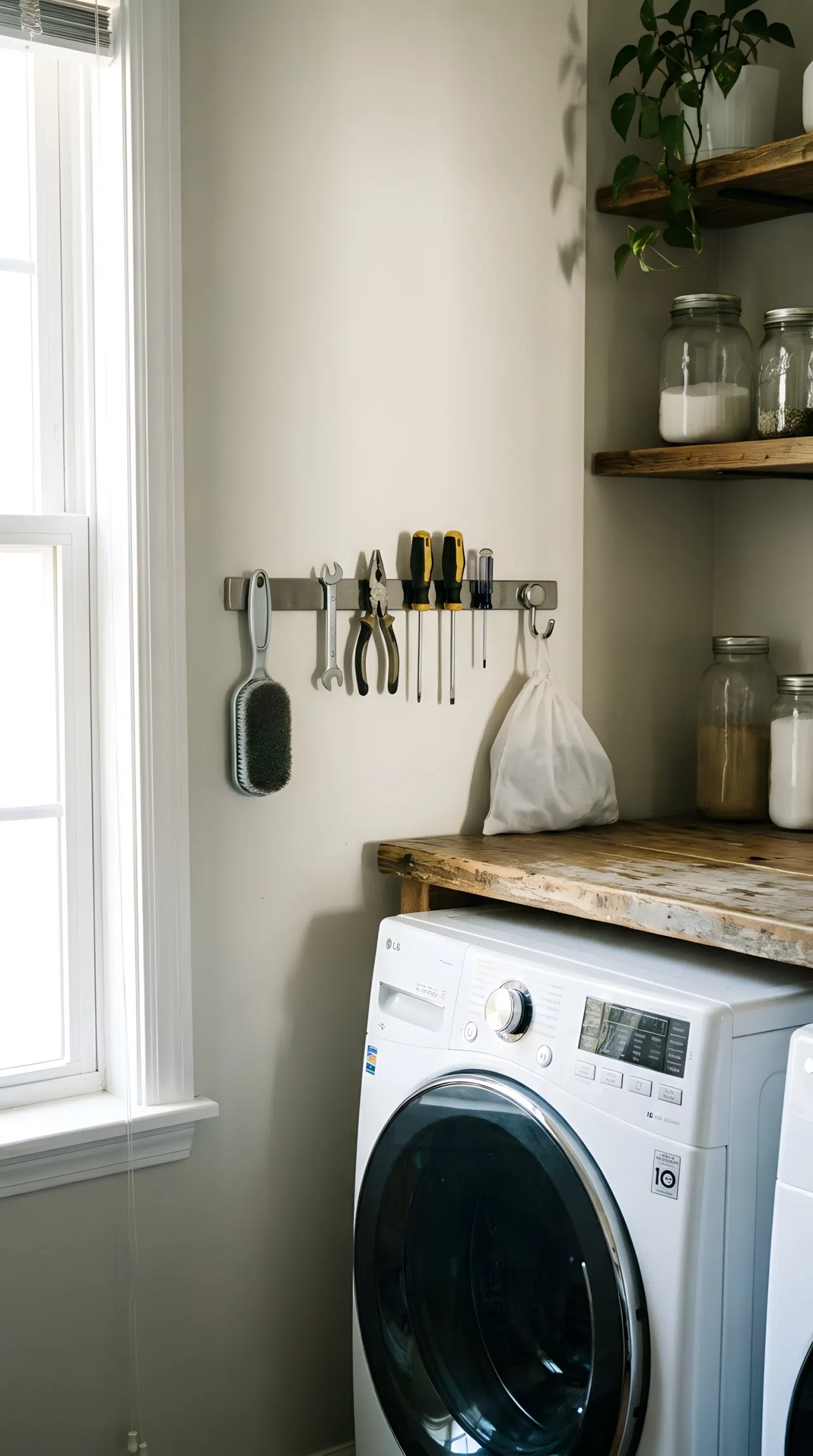 A magnetic strip mounted near a washing machine holding small metal items neatly, bright natural light, organized and clean