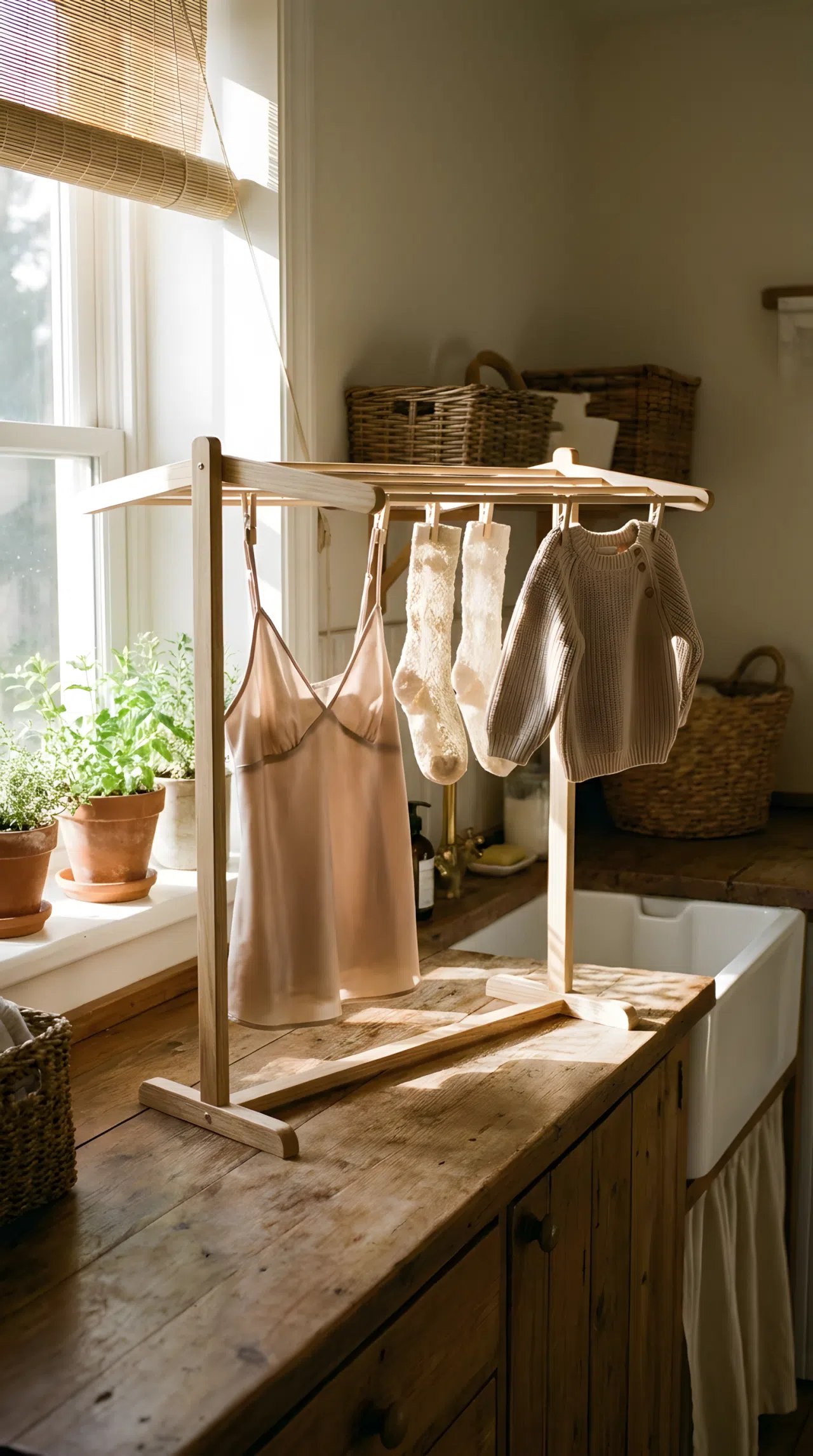 A small tabletop drying rack on a laundry room counter with a few delicate items neatly hung, bright natural light, beautifully arranged