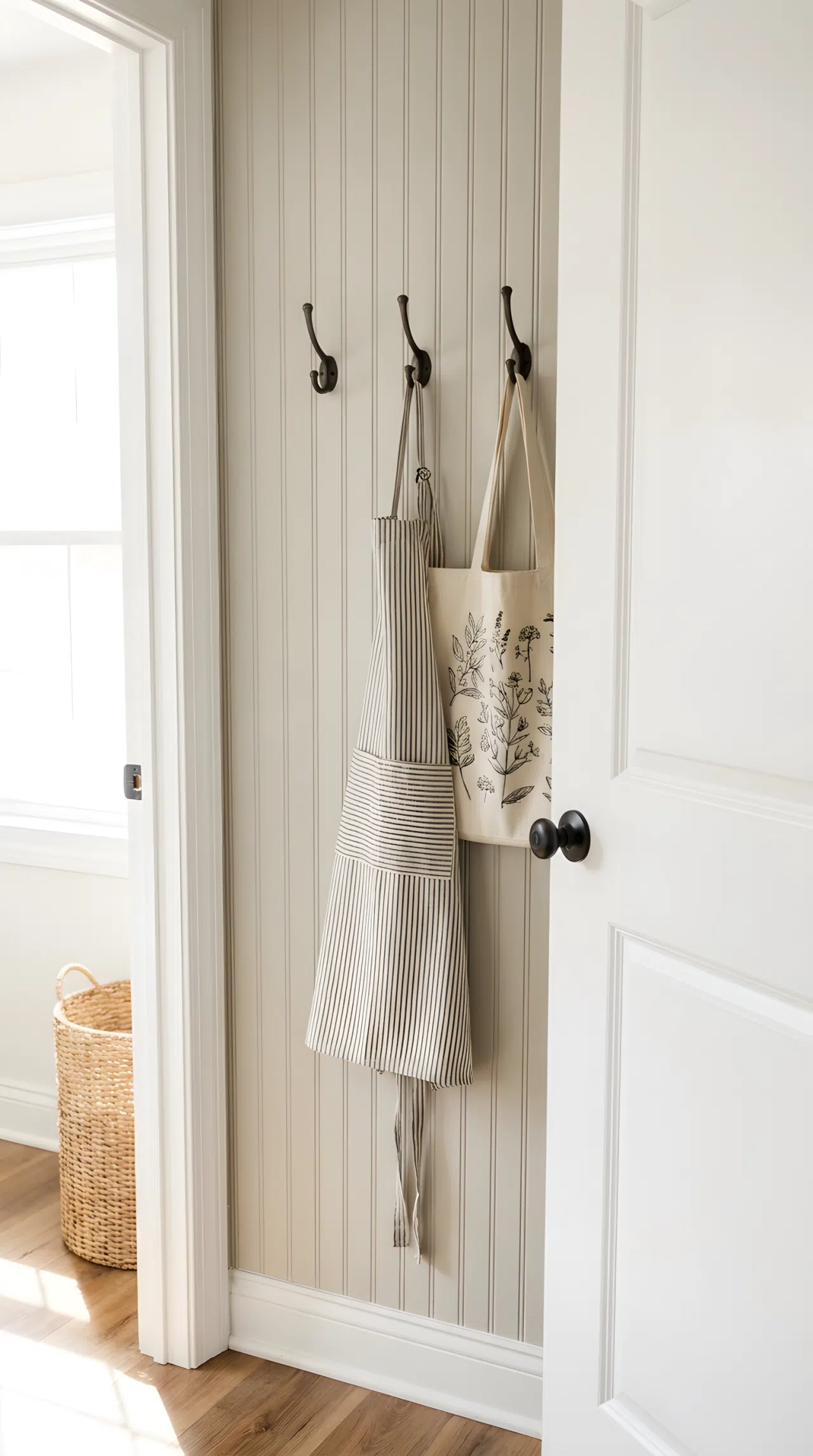 Hooks installed behind a laundry room door holding a neatly hung apron and cloth bag, bright natural light, organized and clean