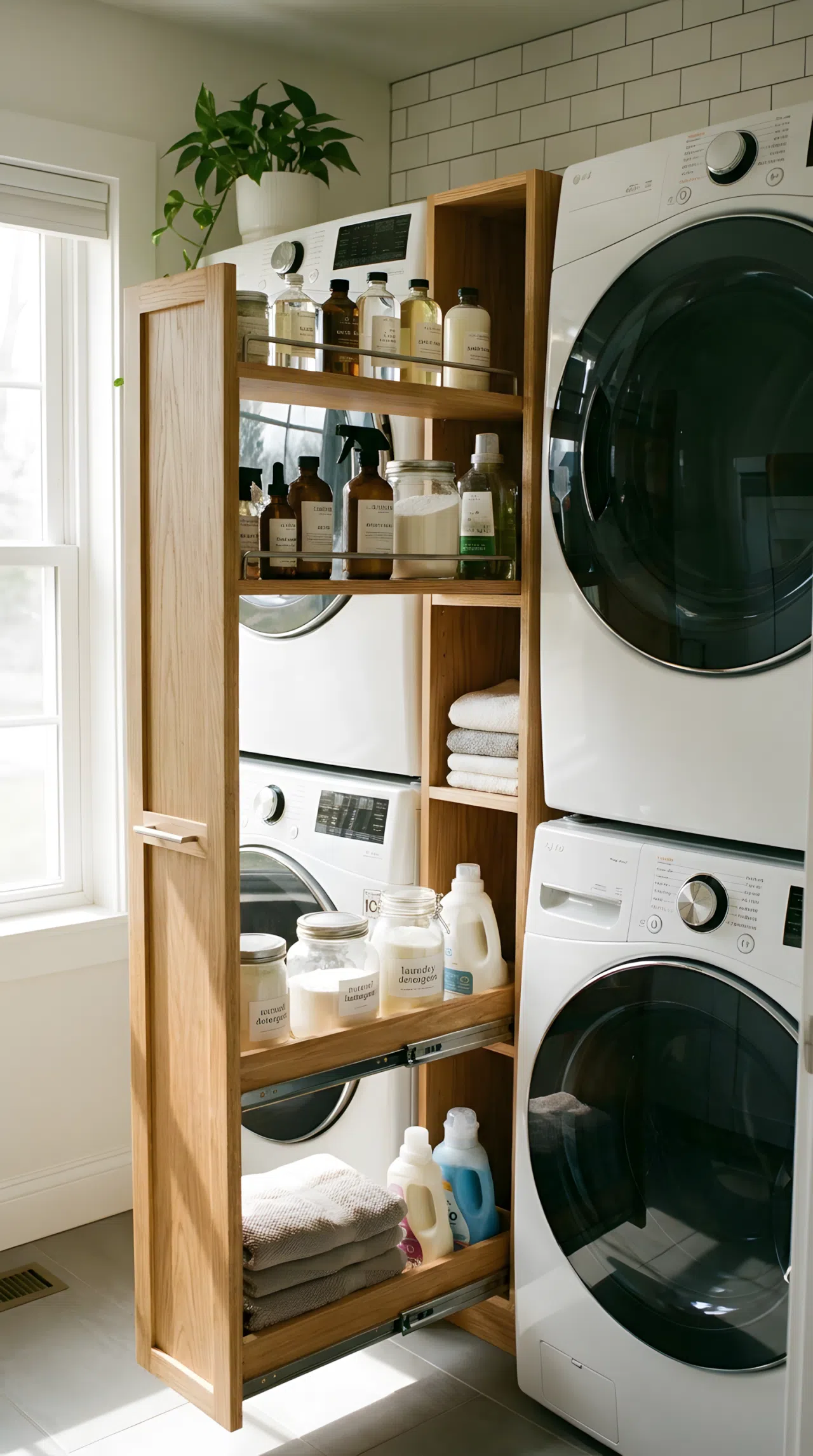 A slim custom cabinet fitted between a washer and dryer, neatly holding detergent bottles, bright natural light