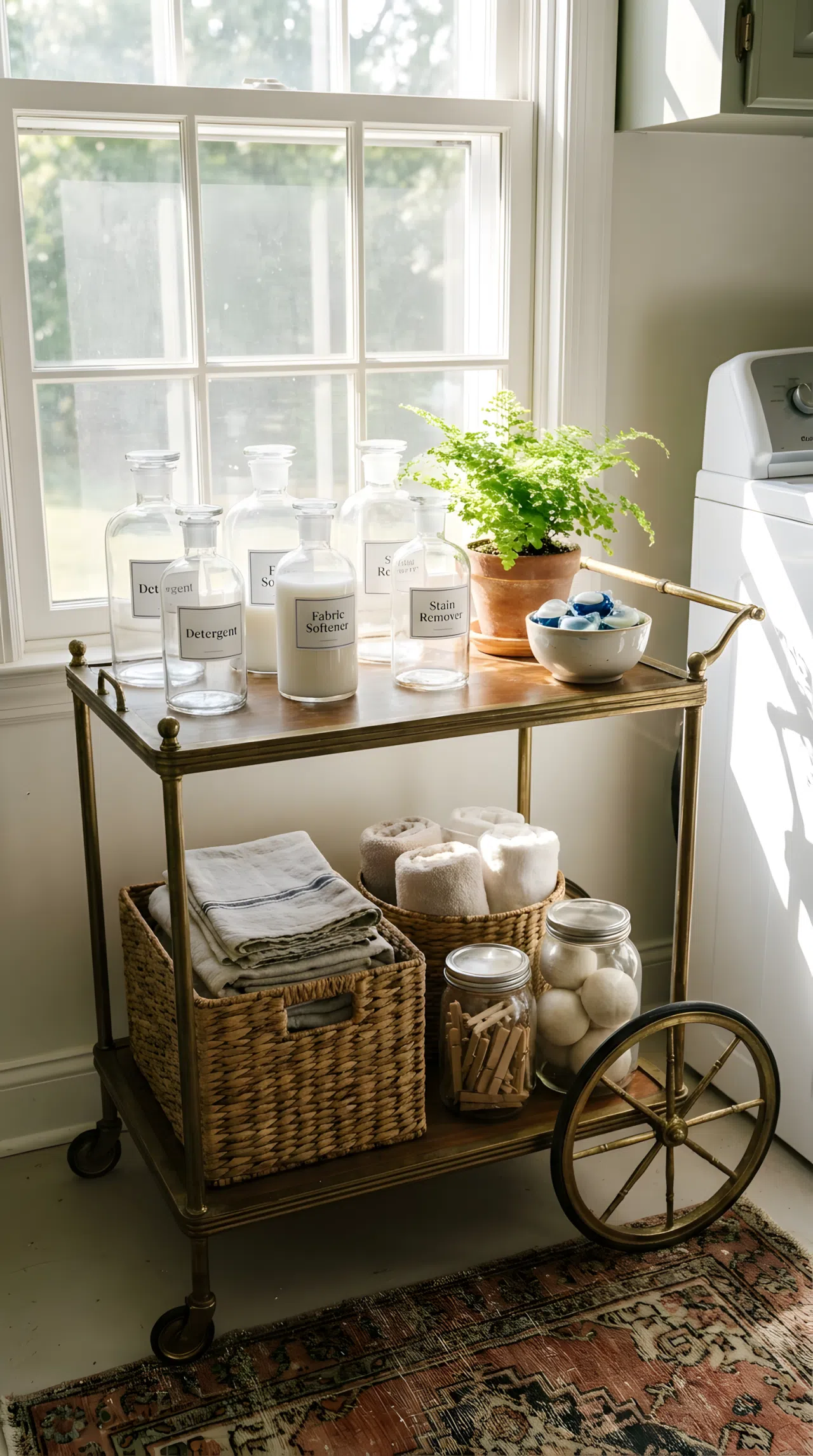 A small bar cart repurposed as a laundry supply station, neatly organized with labeled bottles and folded cloths, bright natural light, beautifully arranged