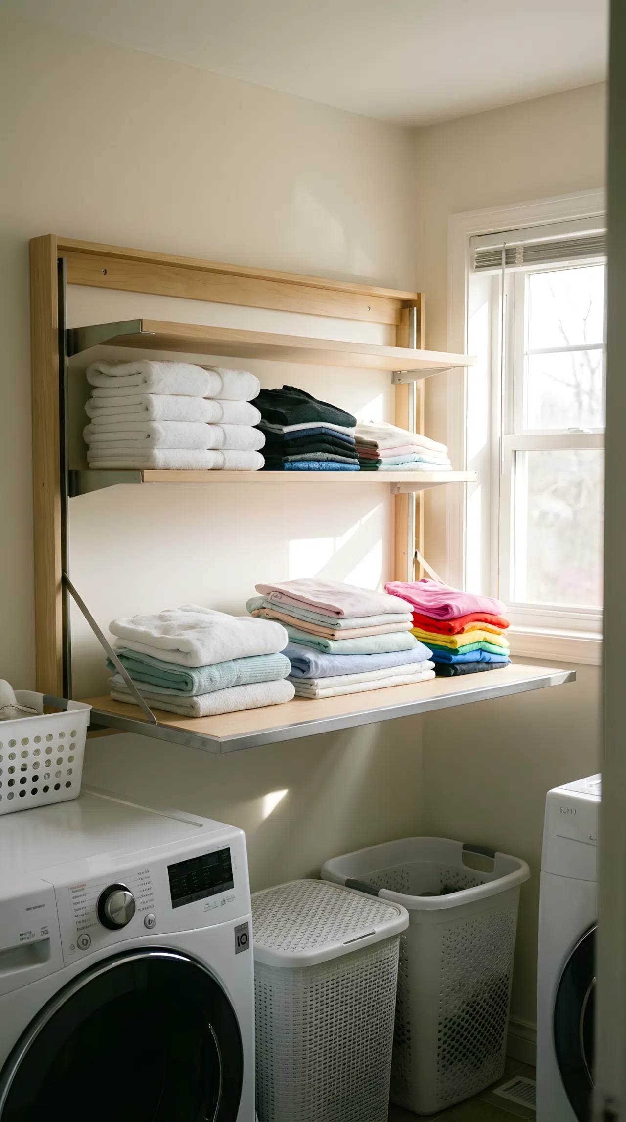 A fold-up wall shelf in a small laundry room holding neatly sorted piles of laundry by color, bright natural light, organized and clean
