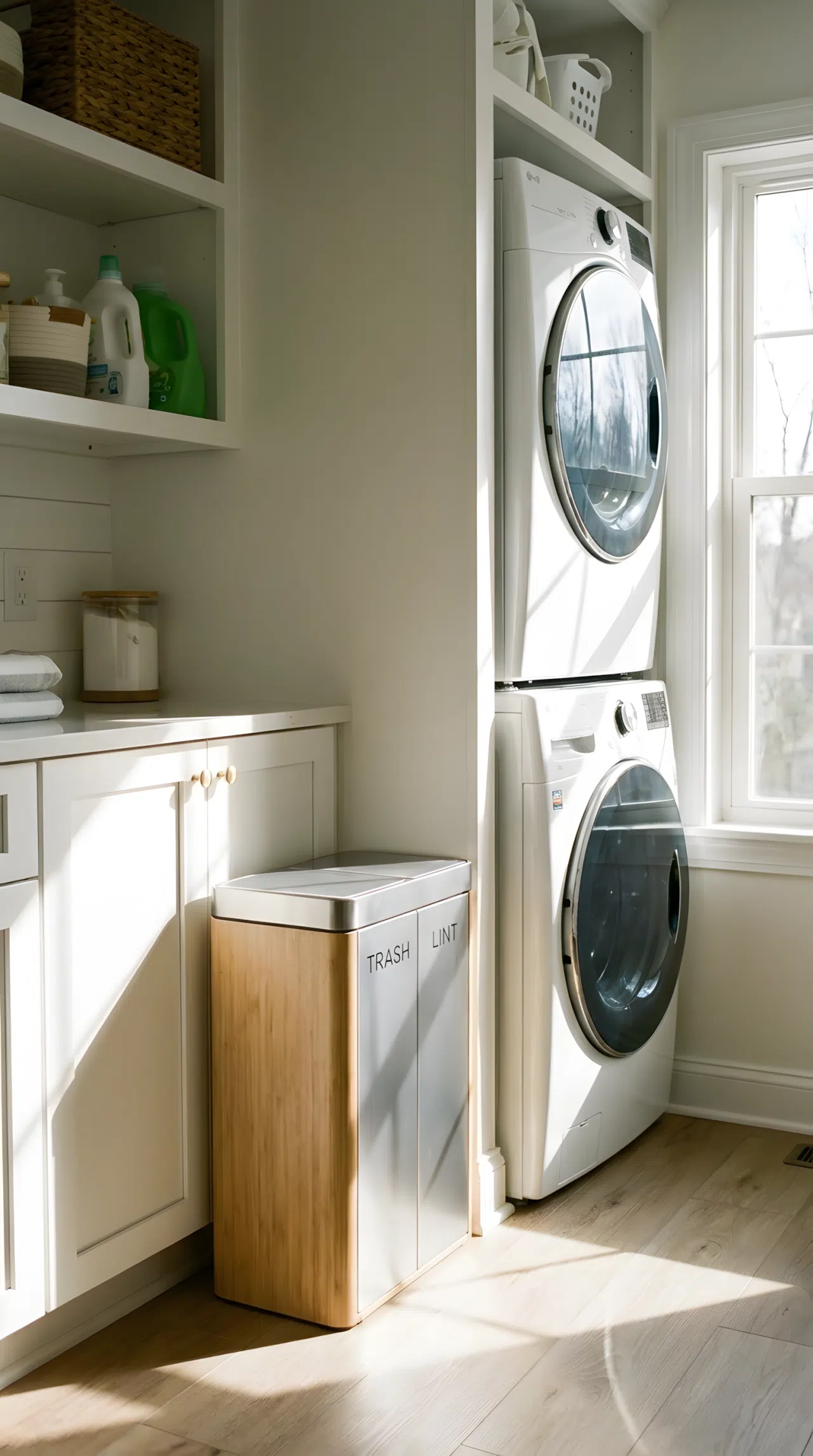 A slim combination trash and lint bin in the corner of a small laundry room, neatly placed and clean, bright natural light