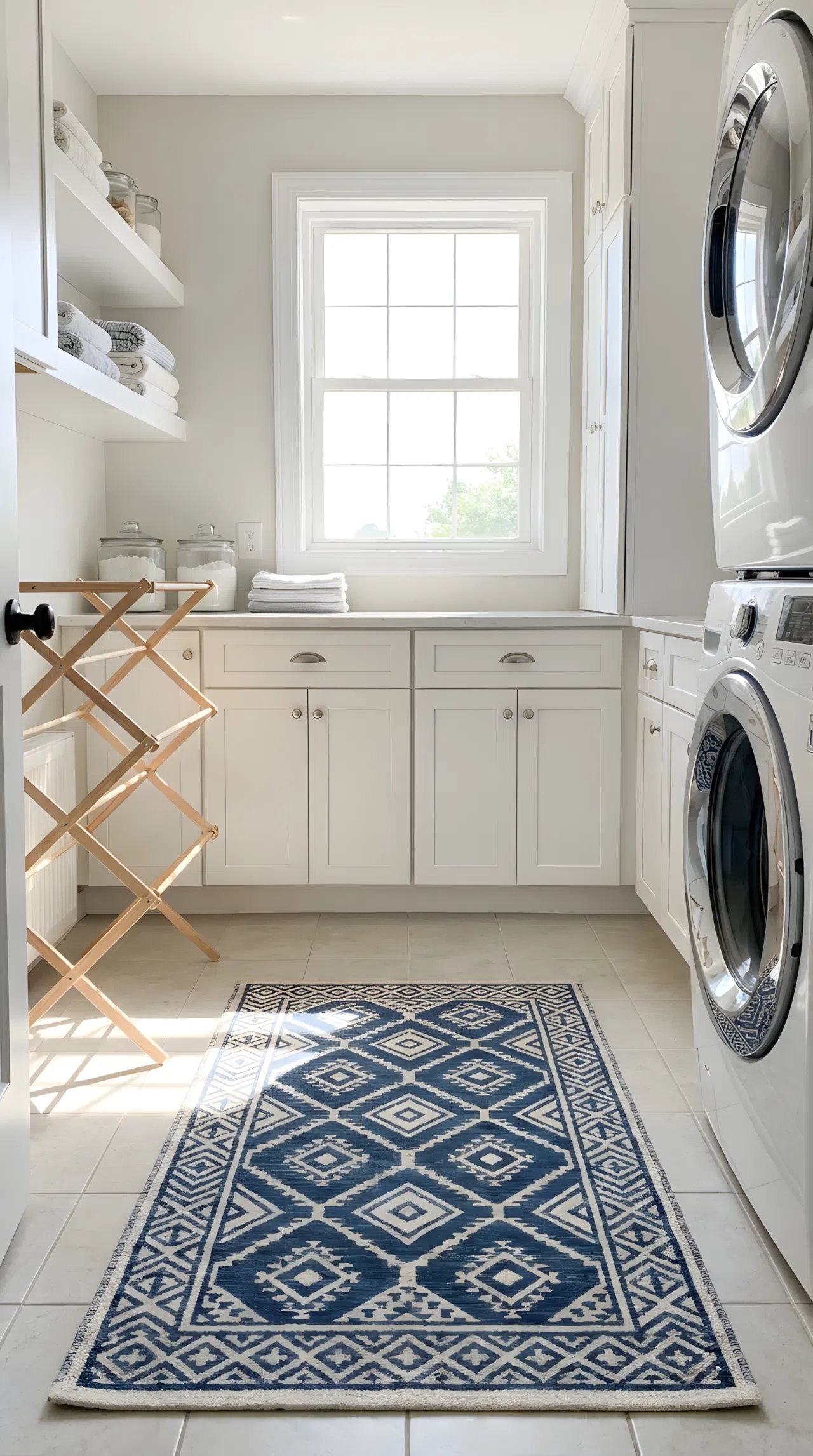 A small patterned washable rug on the floor of a neatly organized laundry room, bright natural light, clean and beautifully arranged