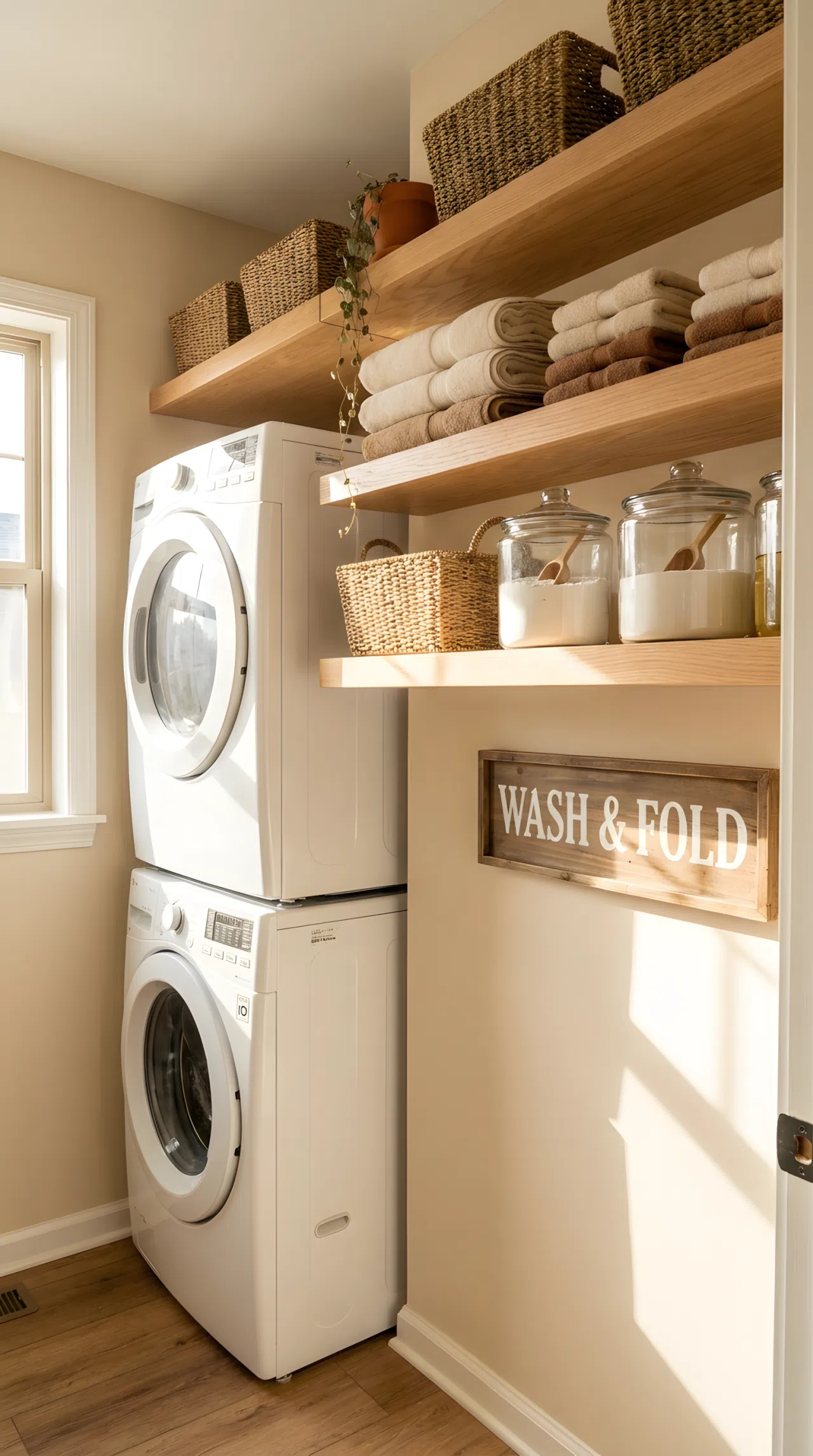 Real-life photograph of a small laundry nook with stacked washer and dryer, open light oak wood shelves mounted above holding neatly folded towels and woven baskets, beautifully arranged glass detergent jars, small potted plant, bright natural light streaming in from a nearby window, clean organized composition, vibrant warm color tones, shot on a DSLR camera, no people, front-angle eye-level view