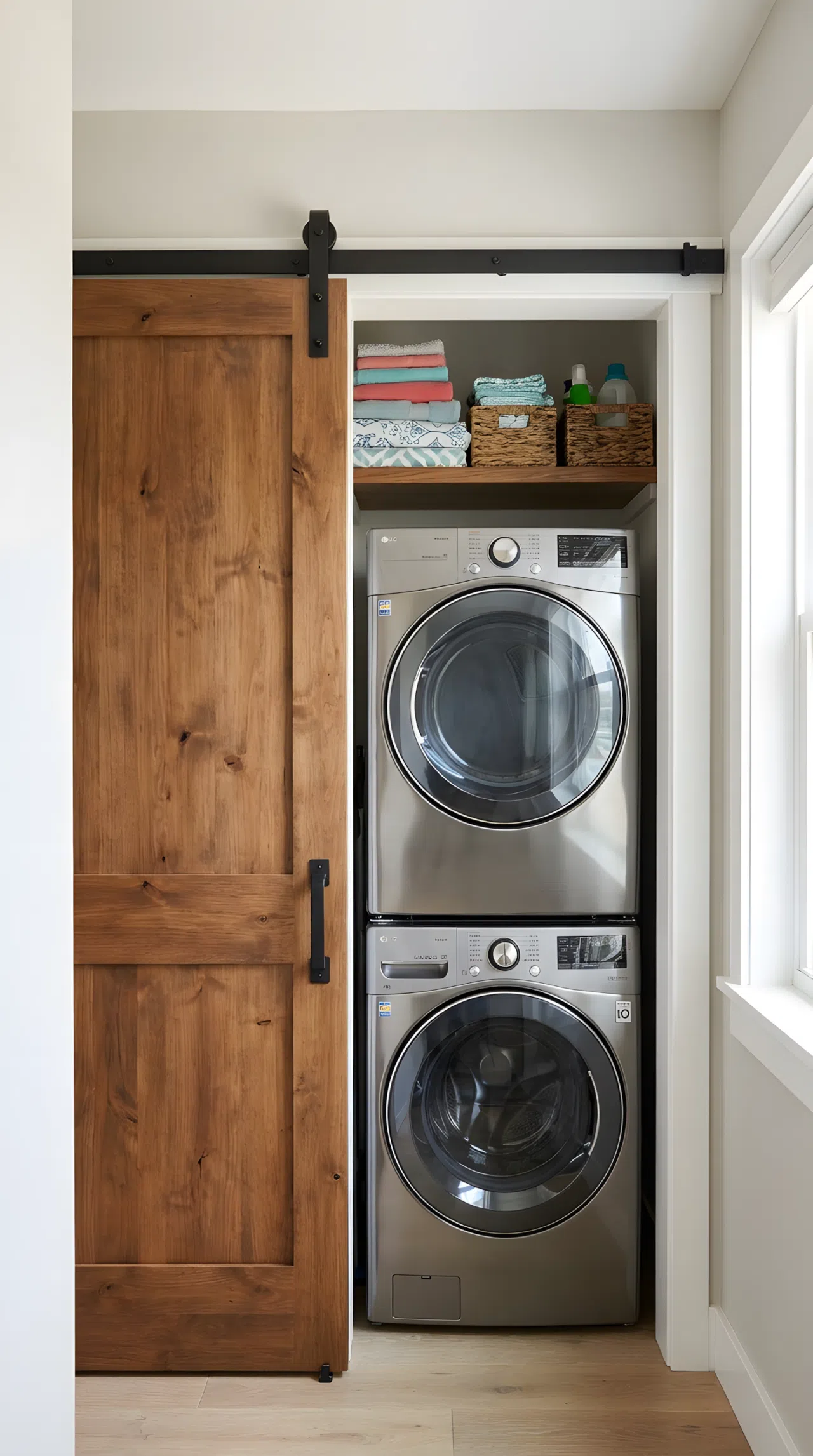 Real-life photograph of a hallway laundry closet with a stacked washer and dryer, half-open sliding barn door in matching wood tone with black hardware, neatly made shelf visible inside with organized folded linens, bright natural light, clean beautifully arranged interior, vibrant color palette, real estate style photography, eye-level front angle, no people