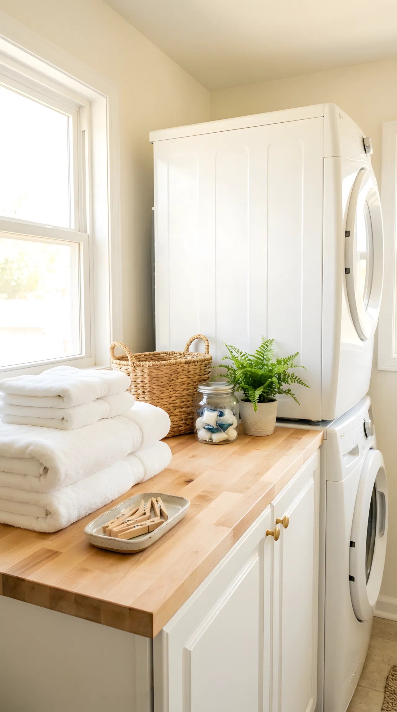 Real-life photograph of a stacked laundry unit topped with a light butcher block counter, neatly folded stack of white towels beautifully arranged on top, small ceramic tray with clothespins, clean organized surface, bright natural light from a side window, vibrant fresh color tones, front-angle eye-level DSLR shot, no people