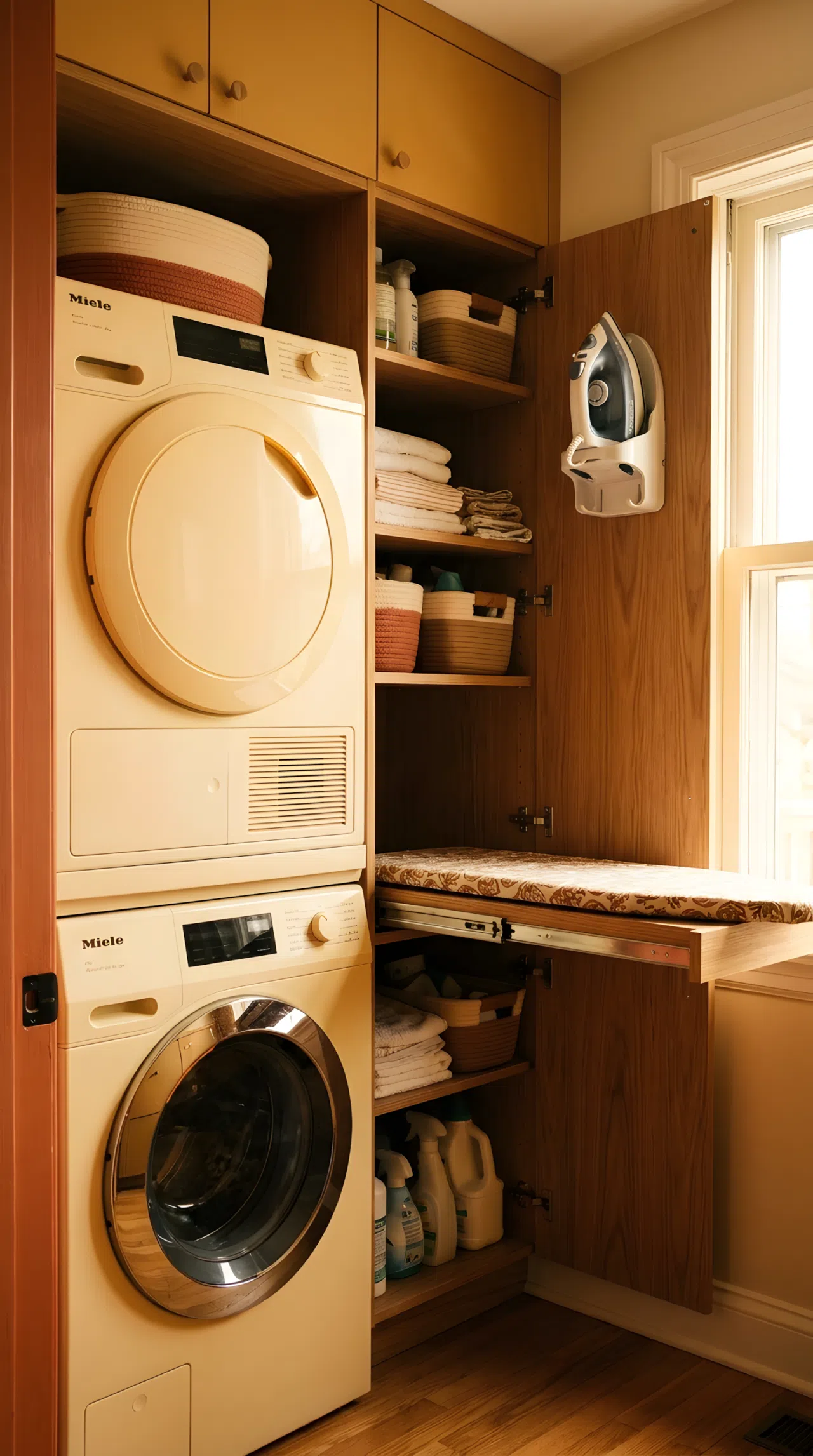 Real-life photograph of a narrow laundry closet with stacked washer and dryer, built-in cabinet beside it with a pull-out ironing board partially extended, wall-mounted iron holder with a clean iron, neatly organized cabinet interior, bright natural light, vibrant warm tones, beautifully arranged composition, eye-level angle, no people