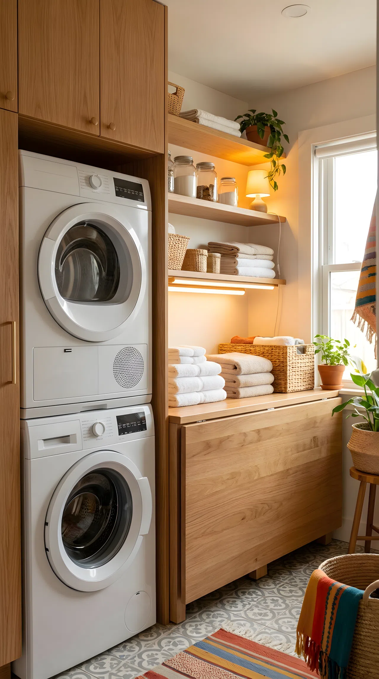 Real-life photograph of a stacked laundry room with a slim LED light bar mounted under a shelf directly above the folding counter, warm glowing light illuminating neatly folded towels and organized baskets below, soft secondary light angled toward shelving, bright natural daylight mixing with warm artificial light, clean beautifully arranged space, vibrant tones, eye-level angle, no people