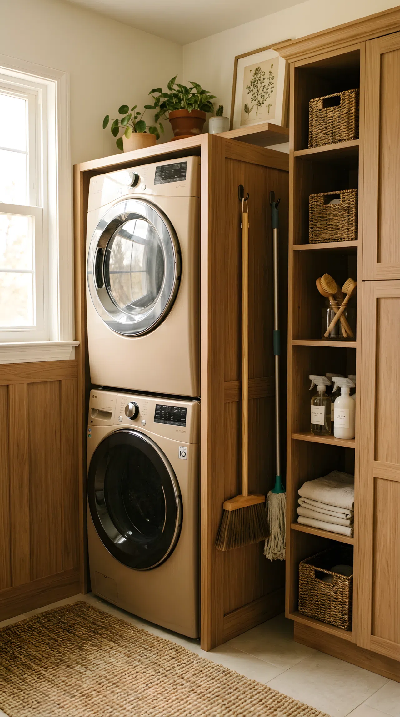 Real-life photograph of a corner laundry nook with stacked washer and dryer framed by matching wood side paneling, slim tall cabinet beside it holding organized cleaning supplies, neatly arranged broom and mop, bright natural light from a nearby window, clean beautifully arranged corner space, vibrant warm tones, eye-level angle, no people