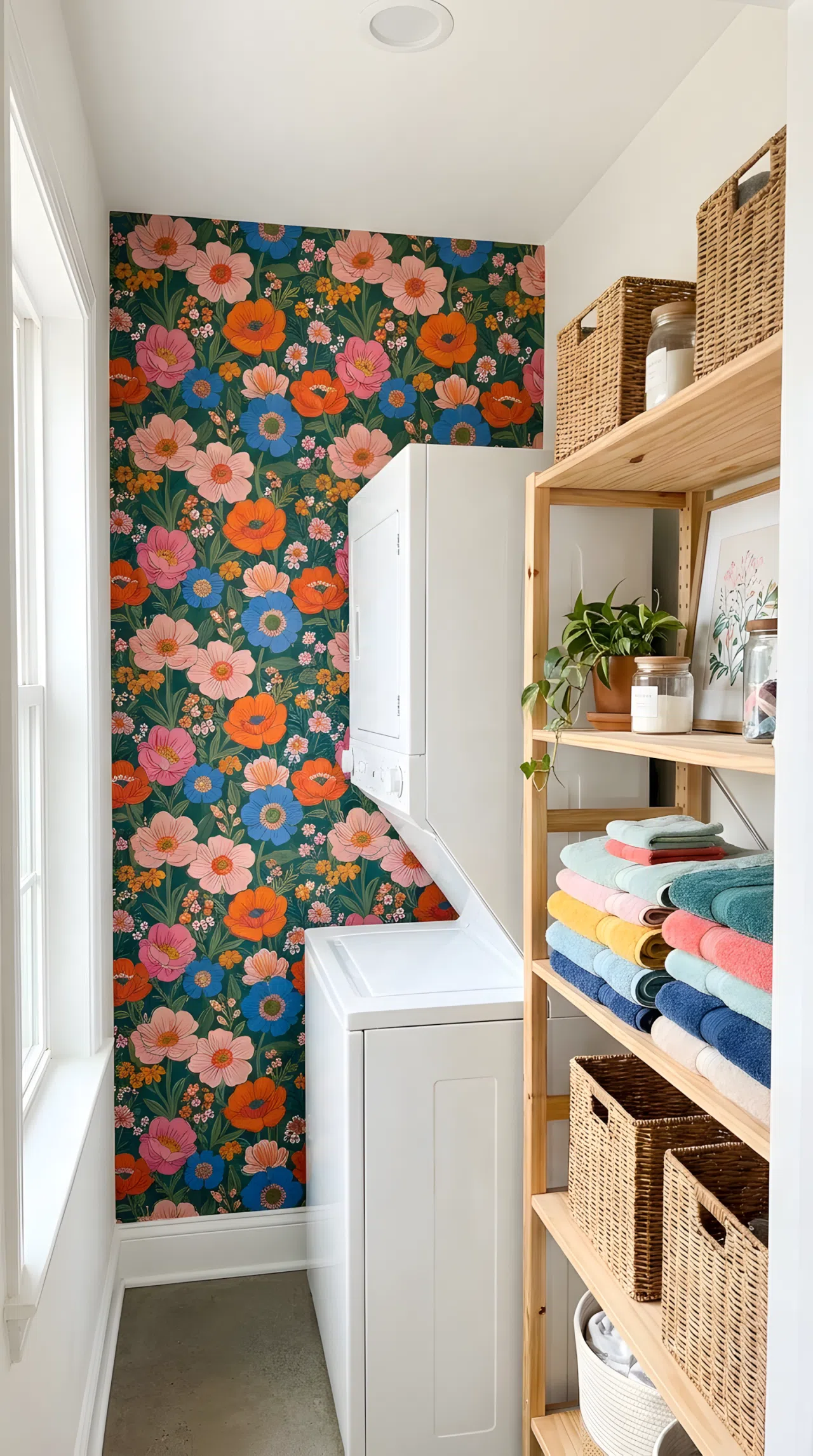 Real-life photograph of a small laundry closet with stacked washer and dryer, bold vibrant floral peel-and-stick wallpaper covering the back wall, neatly arranged shelf beside the machines with folded towels, bright natural light, clean organized composition, beautifully arranged styling, eye-level front angle, no people