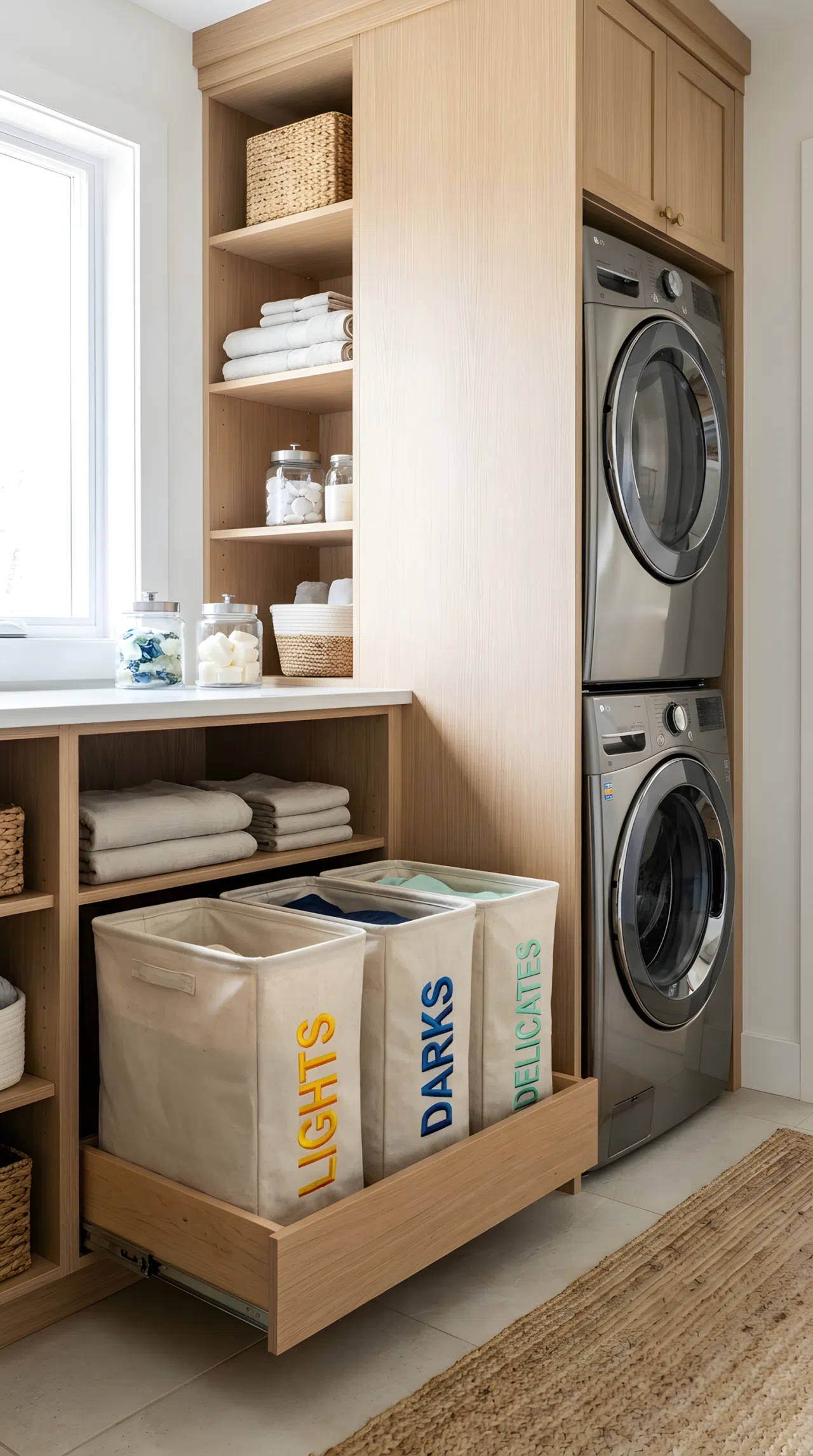 Real-life photograph of a built-in laundry cabinet beside a stacked washer and dryer, pull-out drawer open revealing three neatly organized fabric hamper bins labeled lights darks delicates, clean beautifully arranged interior, bright natural light, vibrant color accents on labels, eye-level angle, no people