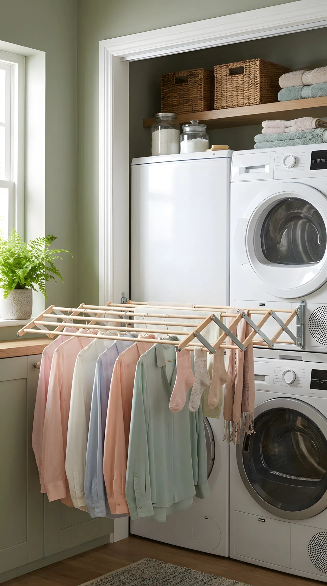 Real-life photograph of a compact laundry room with stacked washer and dryer, wall-mounted fold-down wooden drying rack extended outward with neatly hung delicate garments, mechanism clearly visible and spatially accurate, clean organized space, bright natural light, vibrant fresh tones, eye-level angle, no people