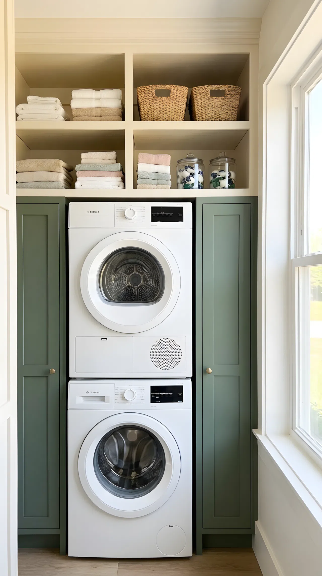 Real-life photograph of a stacked laundry closet with two-tone cabinetry, deep sage green lower cabinets and soft cream upper shelving, neatly arranged folded linens and organized baskets on shelves, bright natural light, clean vibrant color contrast, beautifully arranged styling, eye-level angle, no people