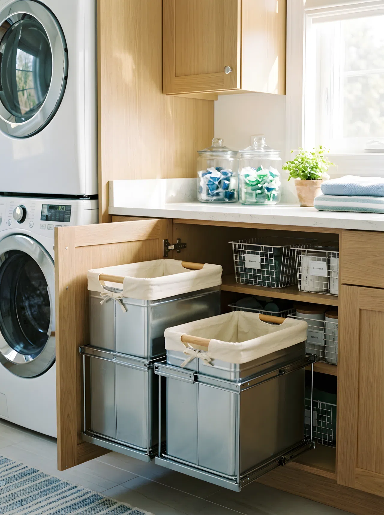 Real-life photograph of a laundry room counter with a cabinet door open revealing a slim pull-out bin system with two neatly lined bins, stacked washer and dryer visible beside the counter, clean organized cabinet interior, bright natural light, vibrant fresh tones, beautifully arranged composition, eye-level angle, no people