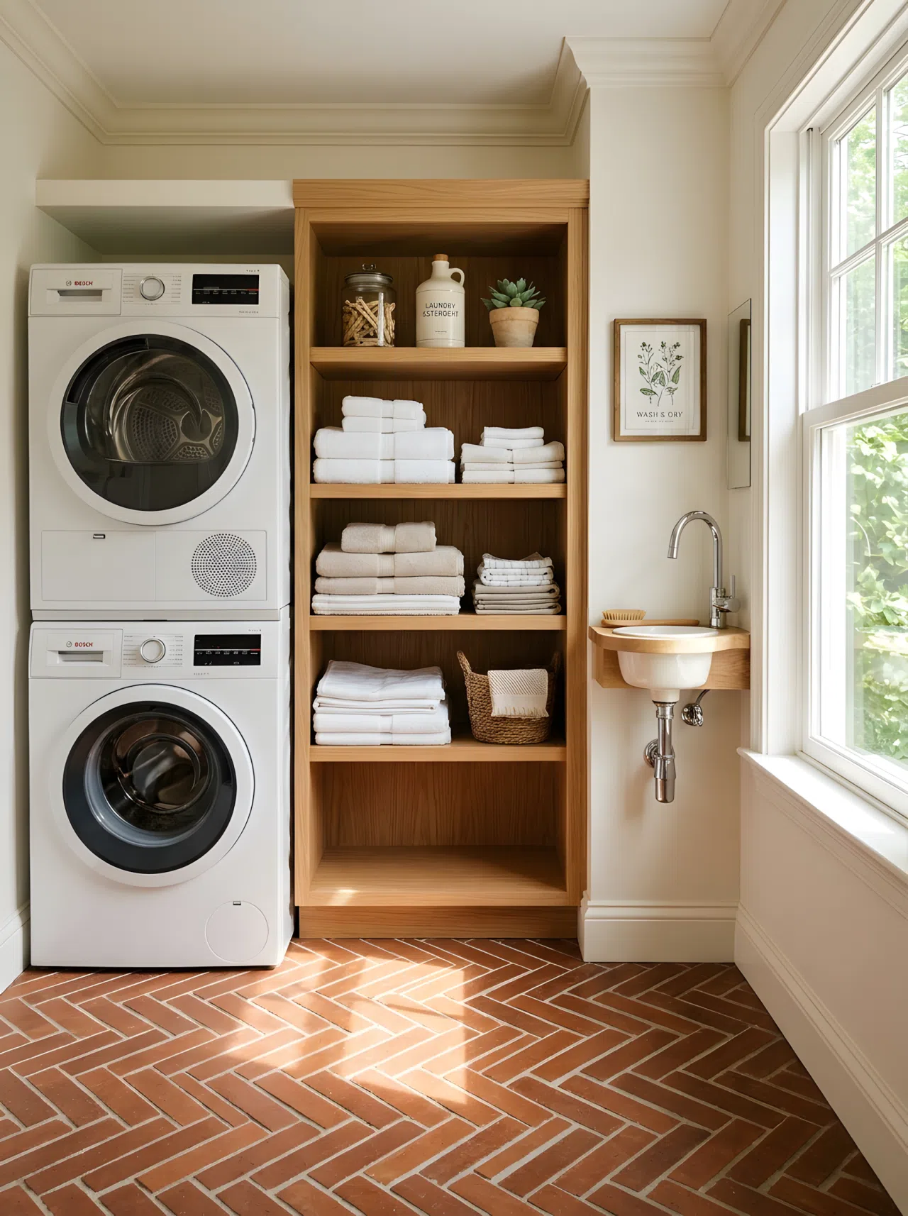 Real-life photograph of a compact laundry room with stacked washer and dryer, herringbone pattern tile flooring in warm terracotta tone, neatly organized shelf beside the machines with folded linens, bright natural light highlighting the floor texture, clean vibrant beautifully arranged space, eye-level angle, no people