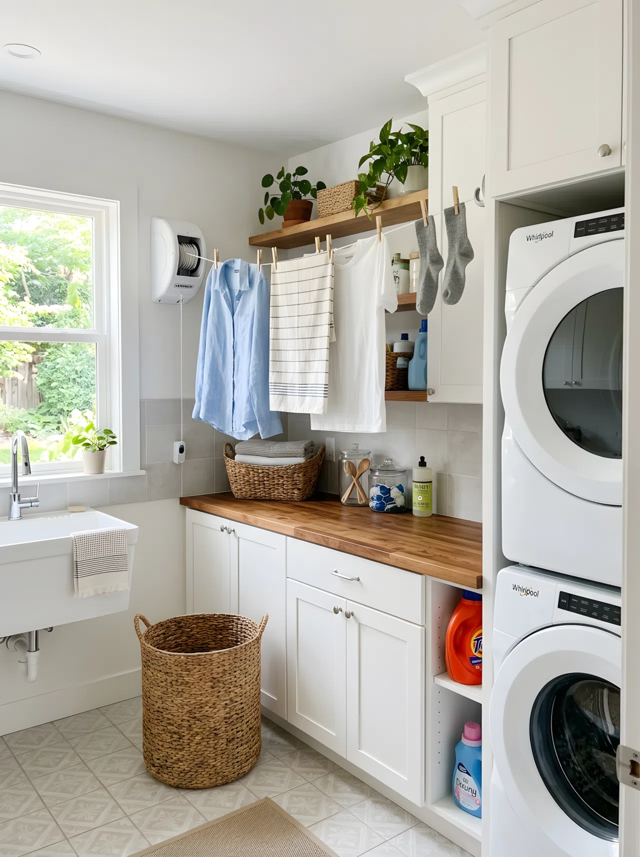 Real-life photograph of a laundry room with stacked washer and dryer, retractable clothesline extended above a butcher block counter with a few neatly hung garments, wall-mounted case clearly visible with mechanism spatially accurate, bright natural light, clean organized vibrant space, eye-level angle, no people